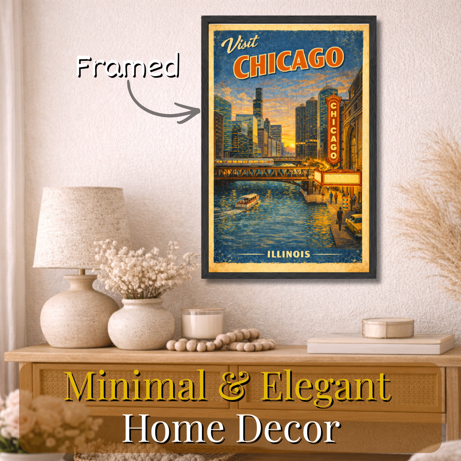 Chicago Illinois Vintage Travel Poster 11×17 Framed Retro Wall Art Decor Gift