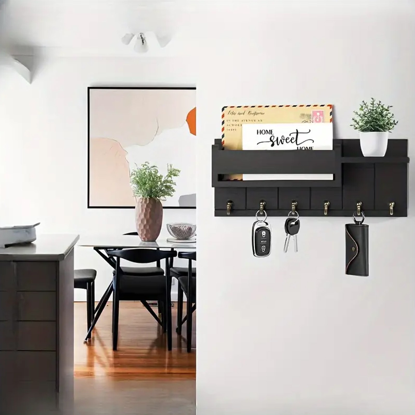 Wall-Mounted Key Holder & Mail Organizer with Hooks – Entryway Storage & Decor