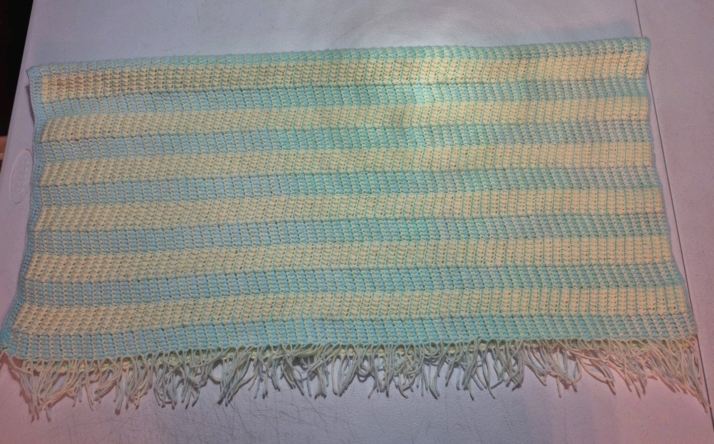 Lap/Baby Unisex Afghan Blanket Throw Green Yellow Handmade Crocheted 34” X 33.5”