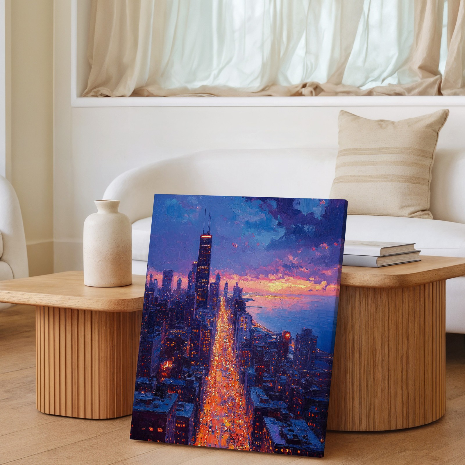 Cityscape Canvas Wall Art Chicago Skyline Sunset Illuminated Street Urban Print