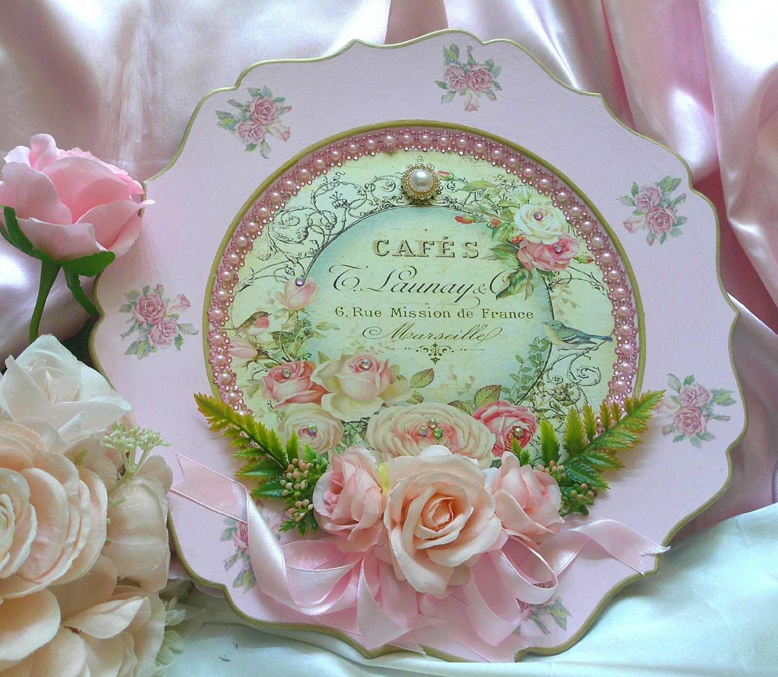 Shabby Chic Victorian~Lg Charger Plate w/French Inspired Graphic~PINK~Roses~OOAK