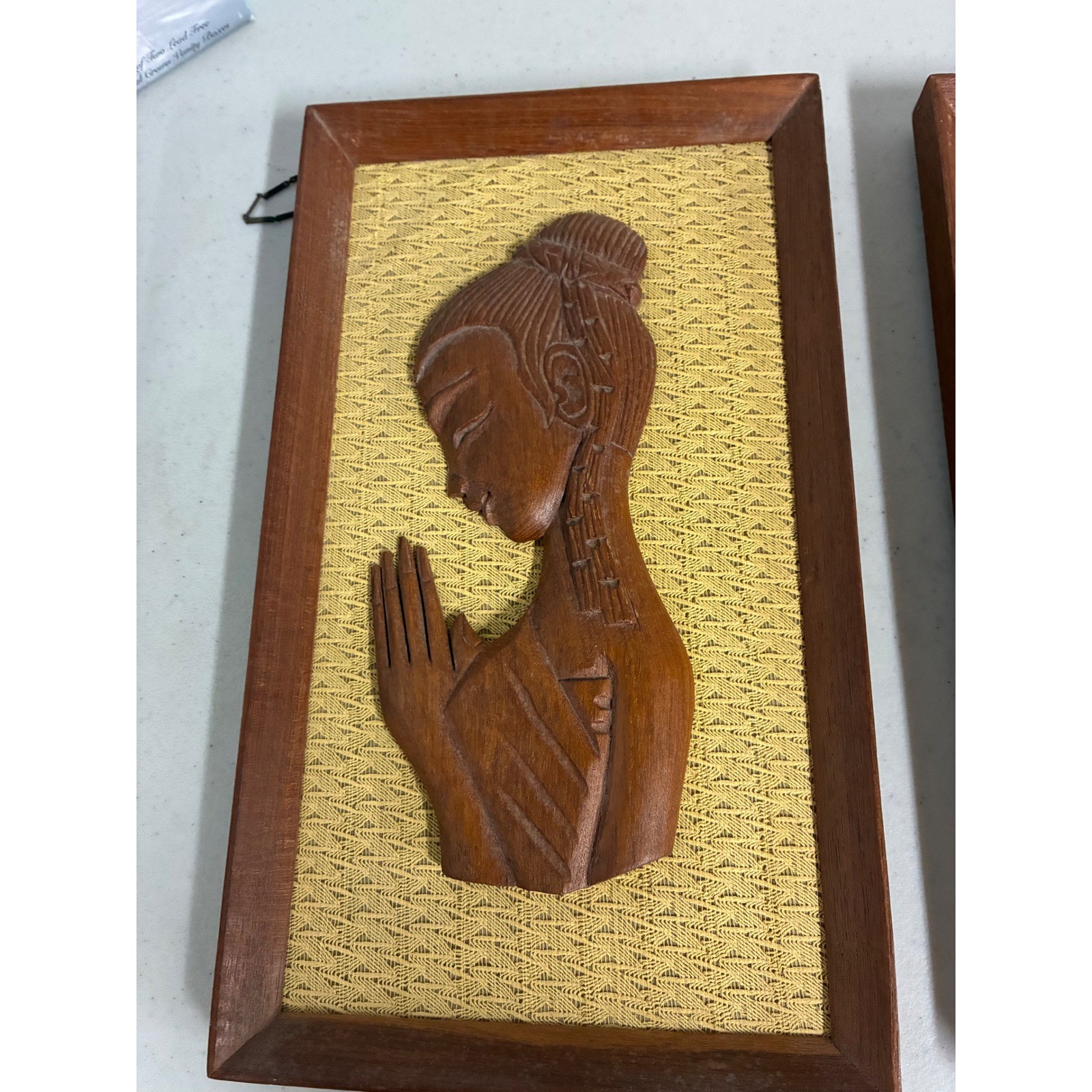 Vintage Mid Century Thai Wood Carved Wall Art Set 2 Praying Woman Mirrored