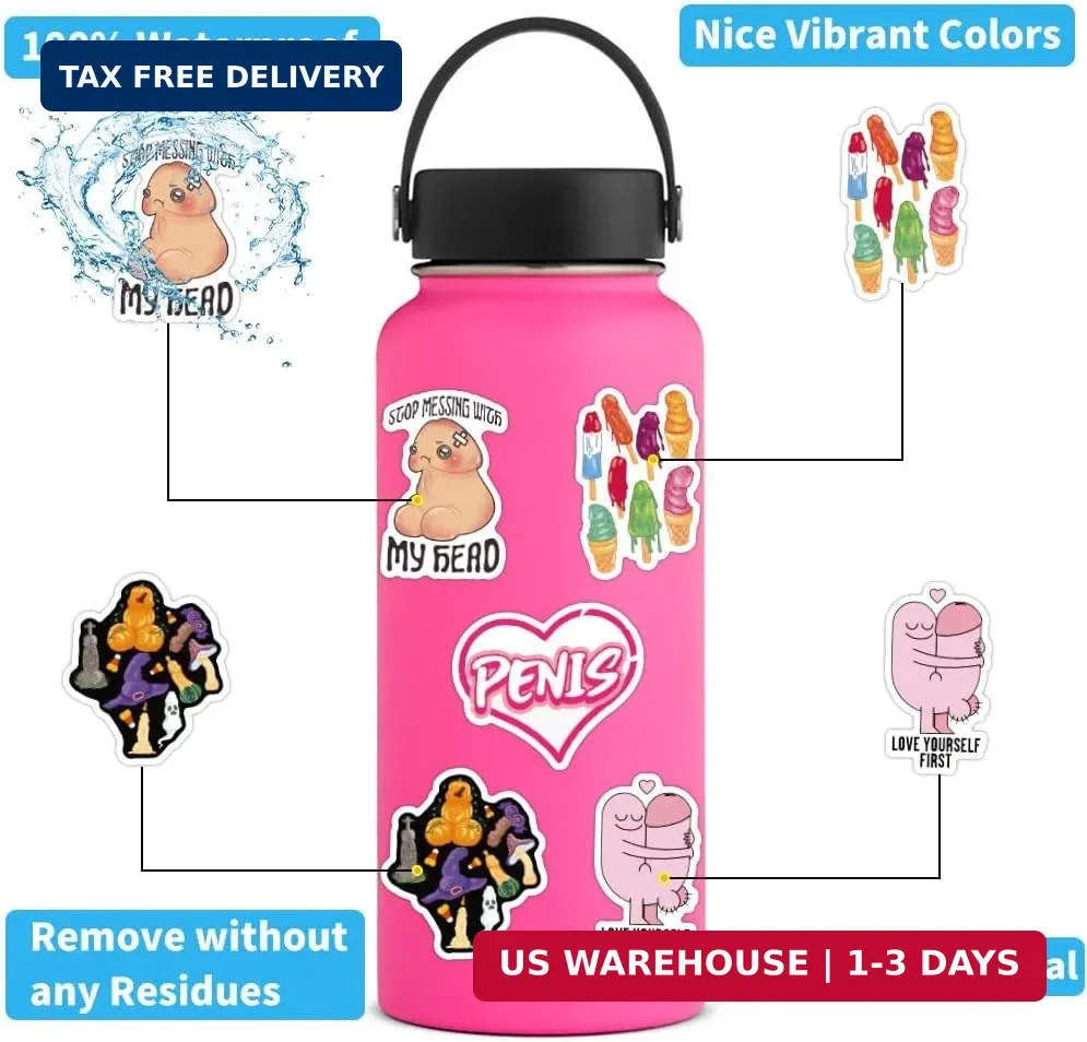 50Pcs Cute Dick Stickers Waterproof, Vinyl Stickers for Aldult, Funny Penis Deca