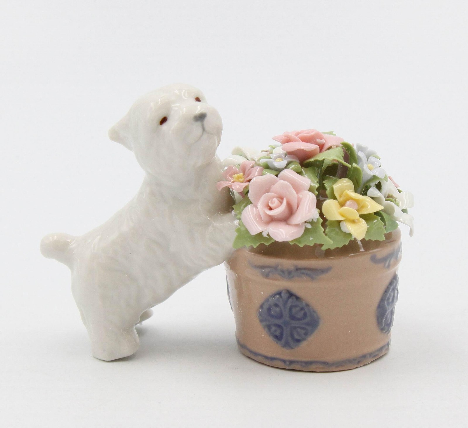Ceramic Westie Dog By Floral Pot Small Figurine, Home Décor, Gift for Her, Gift
