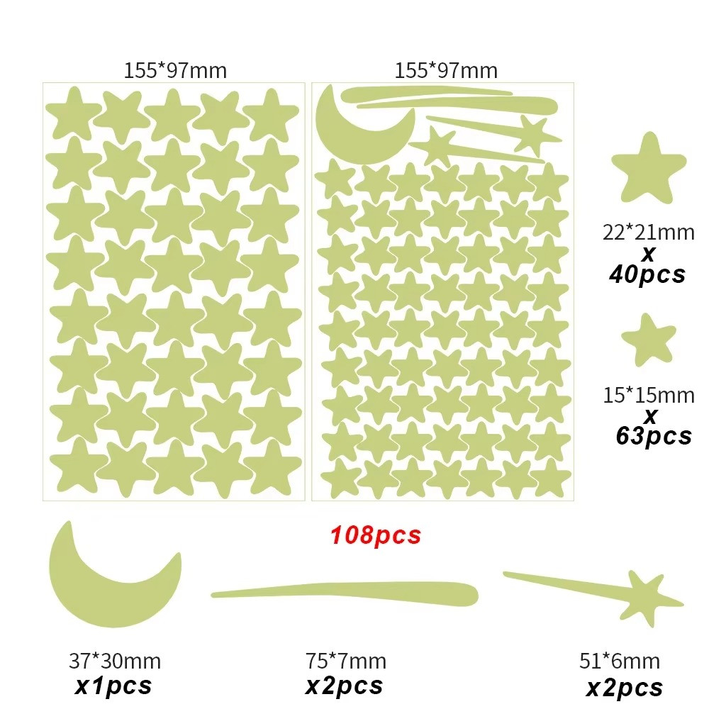 103PCS Glow in the Dark Moon Stars Wall Stickers Kids Bedroom Ceiling