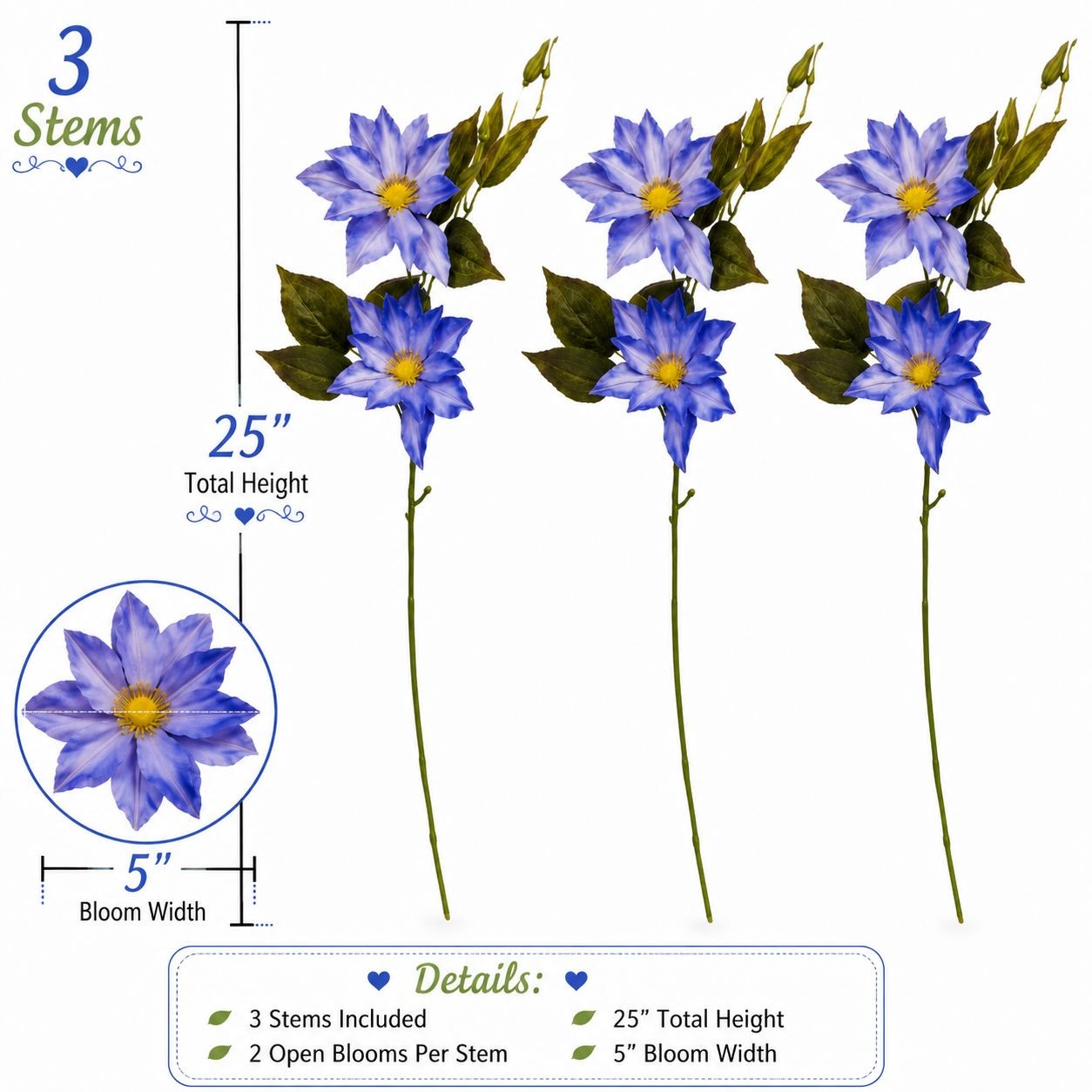 Blue Clematis Artificial Flowers 3 Stems Faux Clematis Spray Periwinkle Blue Wed