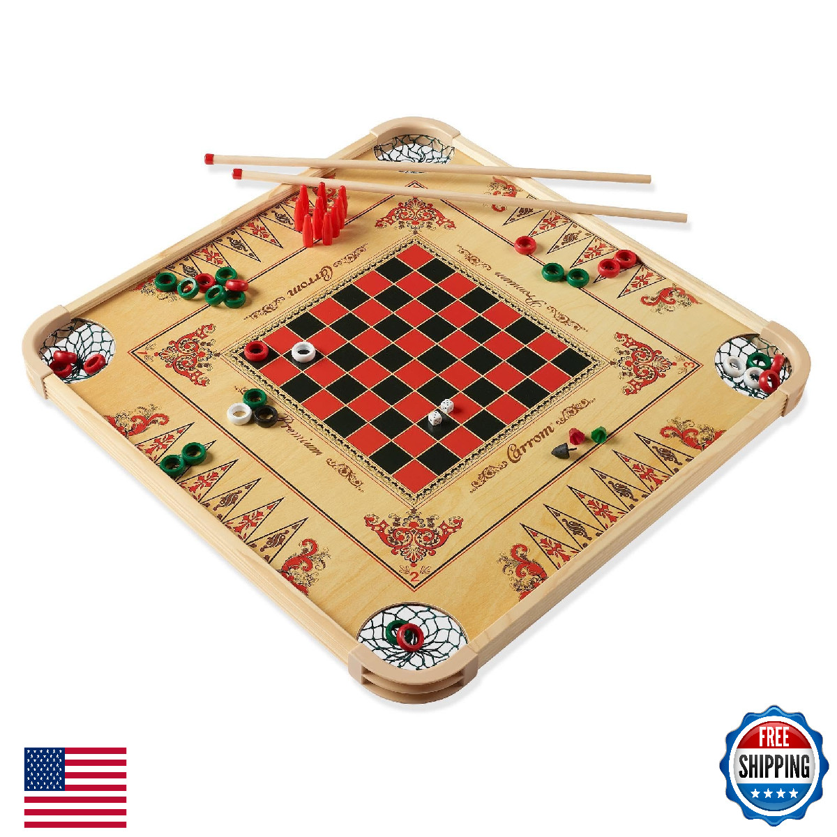 Carrom Board Game Set — Large Board Games for Adults & Children — Over 85 Board