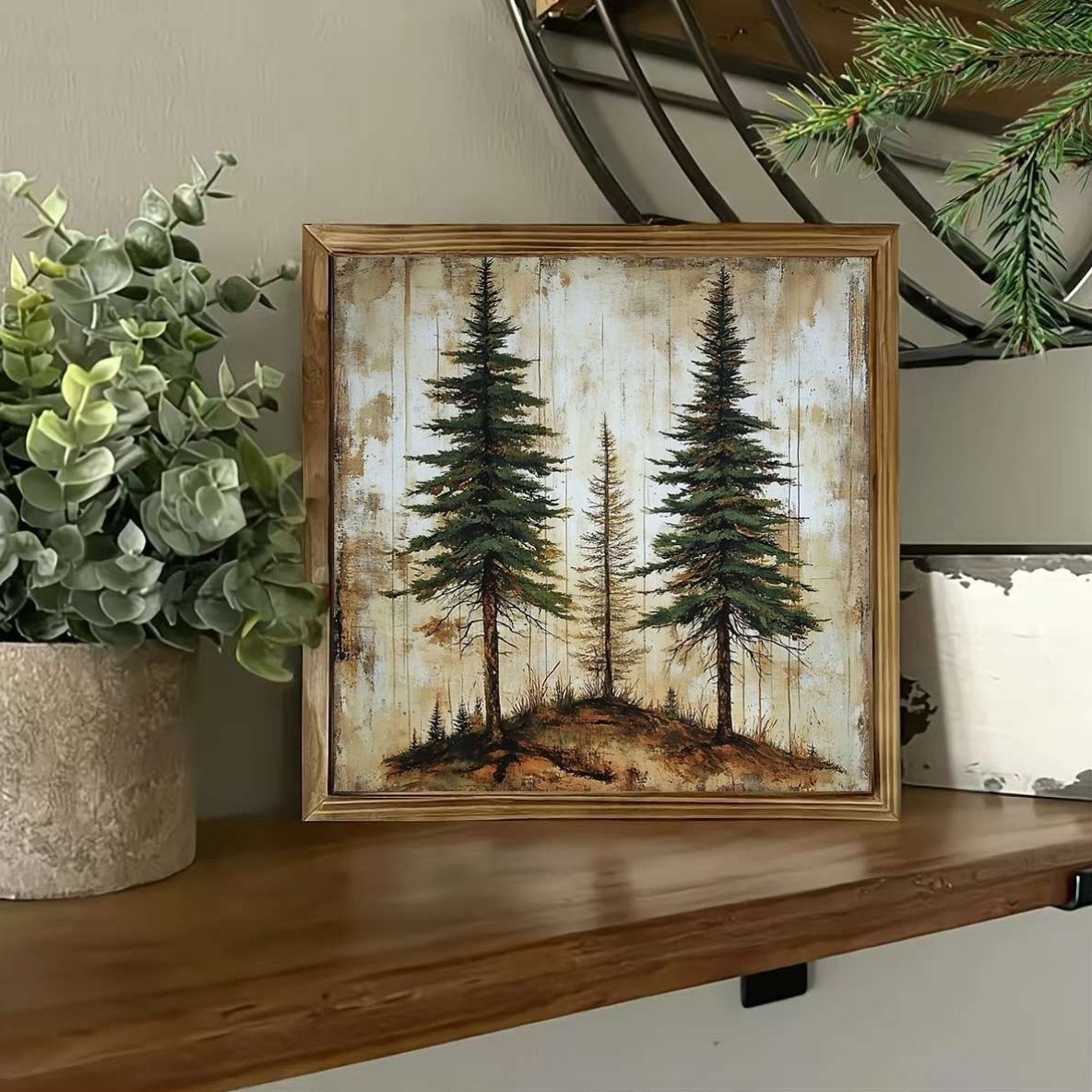 Rustic Framed Pine Tree Art Vintage Forest Landscape Farmhouse Wooden Wall Decor