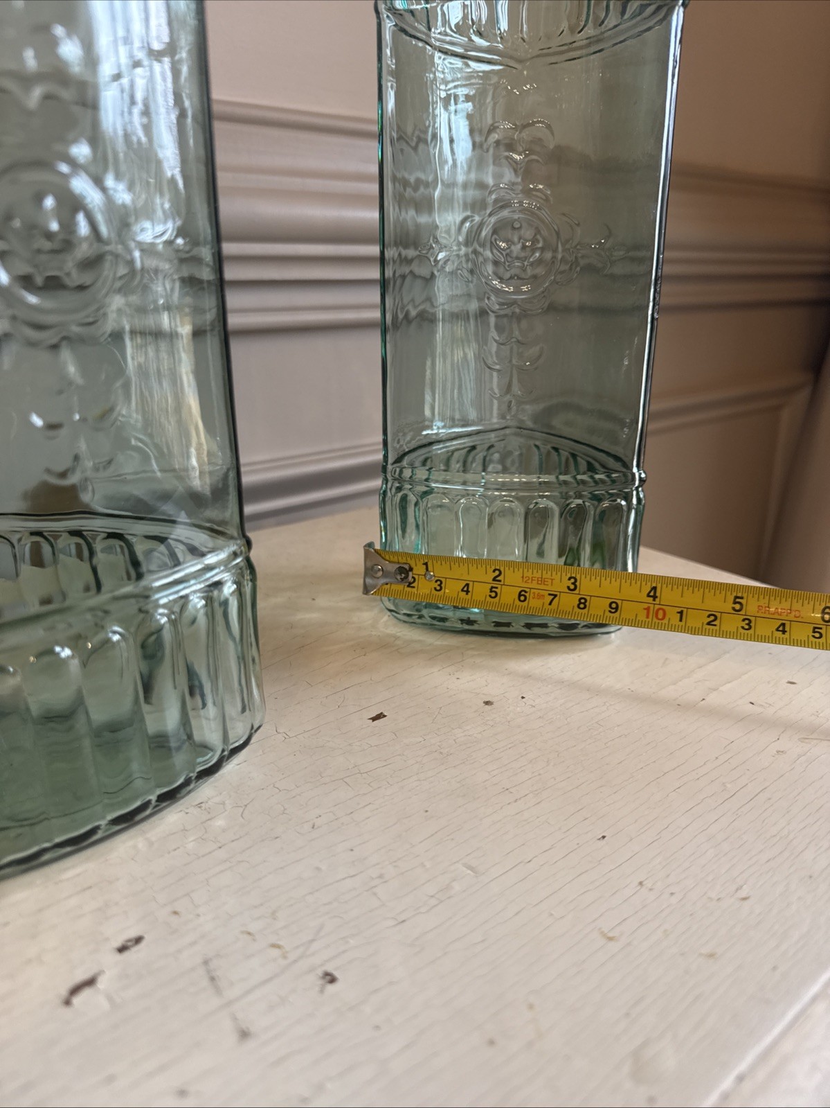 Two Turquoise 3-sided Storage Jars Embossed Design Glass 11.5″