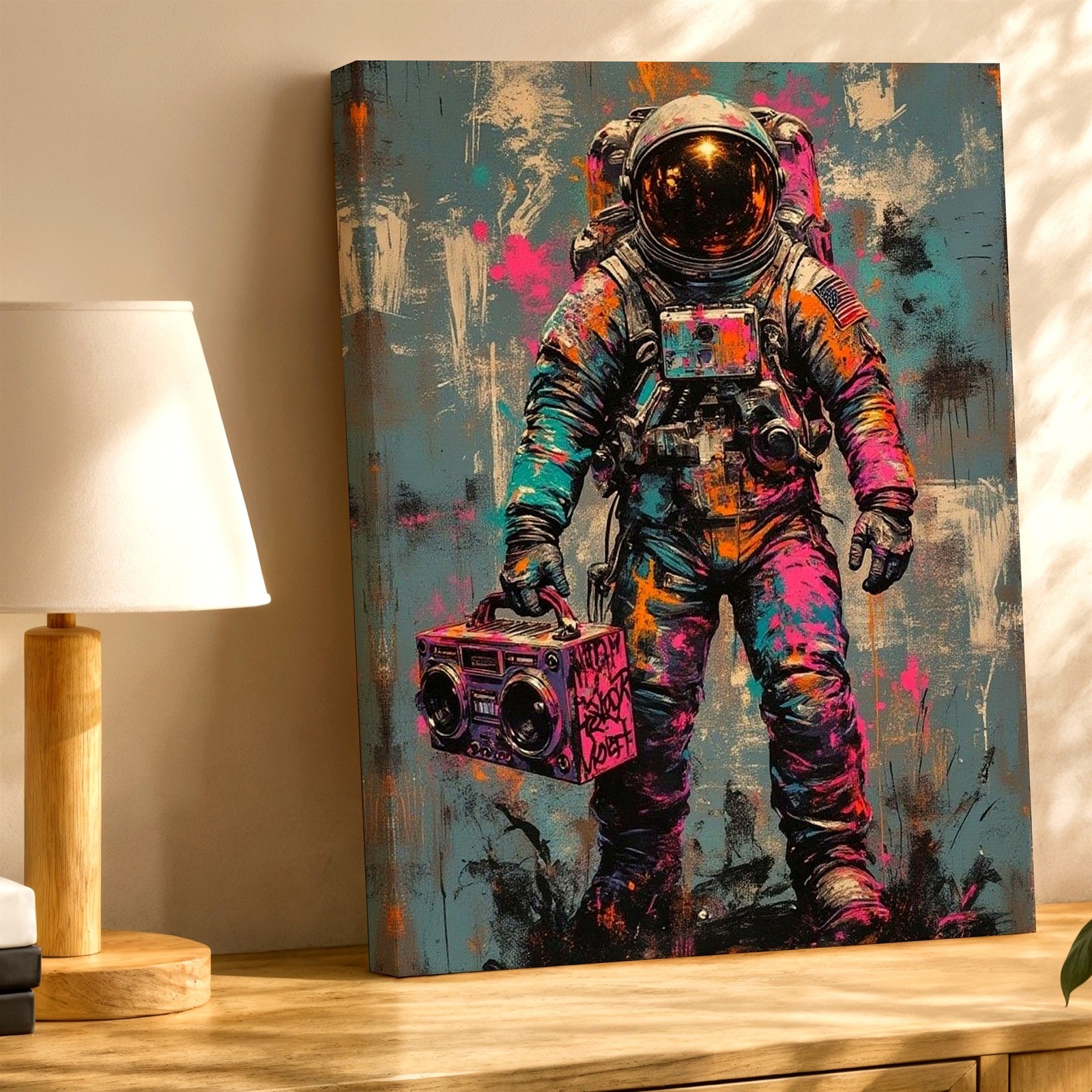 Wall Art Colorful Astronaut with Boombox Graffiti Abstract Canvas Print Decor