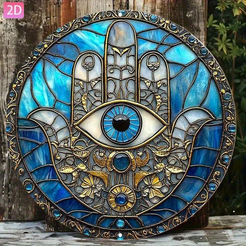 Hamsa Hand Evil Eye Metal Sign Round Stained Glass Style Spiritual Wall Decor