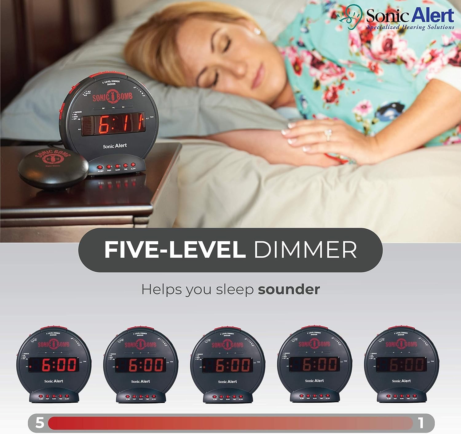 Dual Extra Loud Alarm Clock with Bed Shaker, Black | Sonic Alert Vibrating Alarm