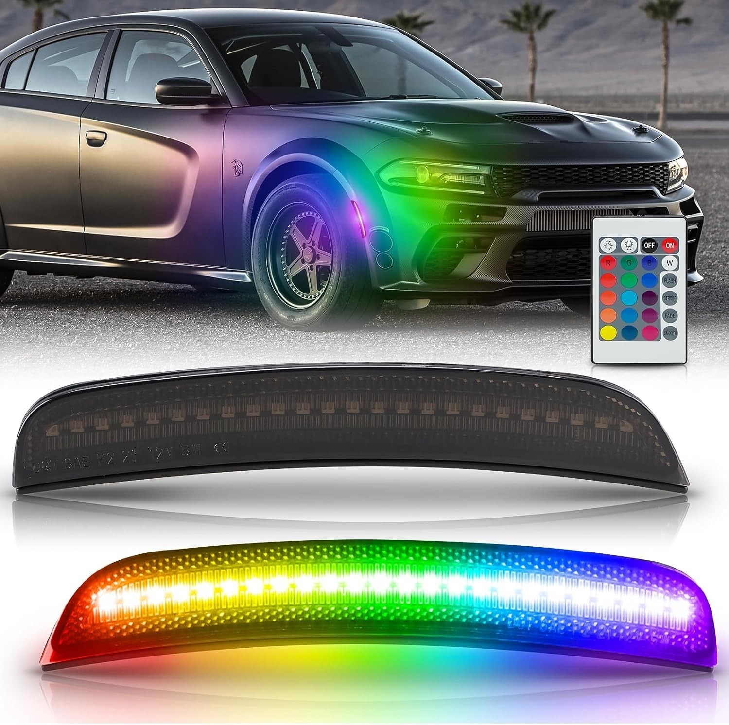 RGB LED Side Marker Lights for Dodge Charger 2015-2023, Front Fender Bumper side