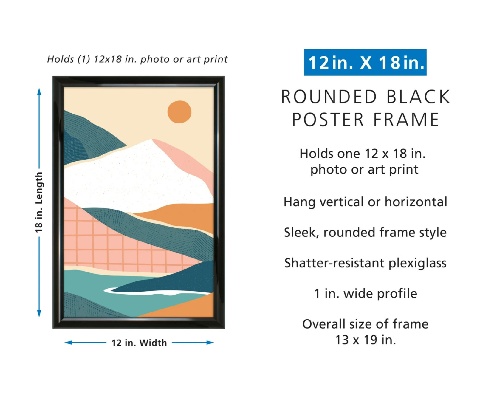 12″ x 18″ Rounded Photo Poster and Picture Frame Home Office Wall Decor, Black