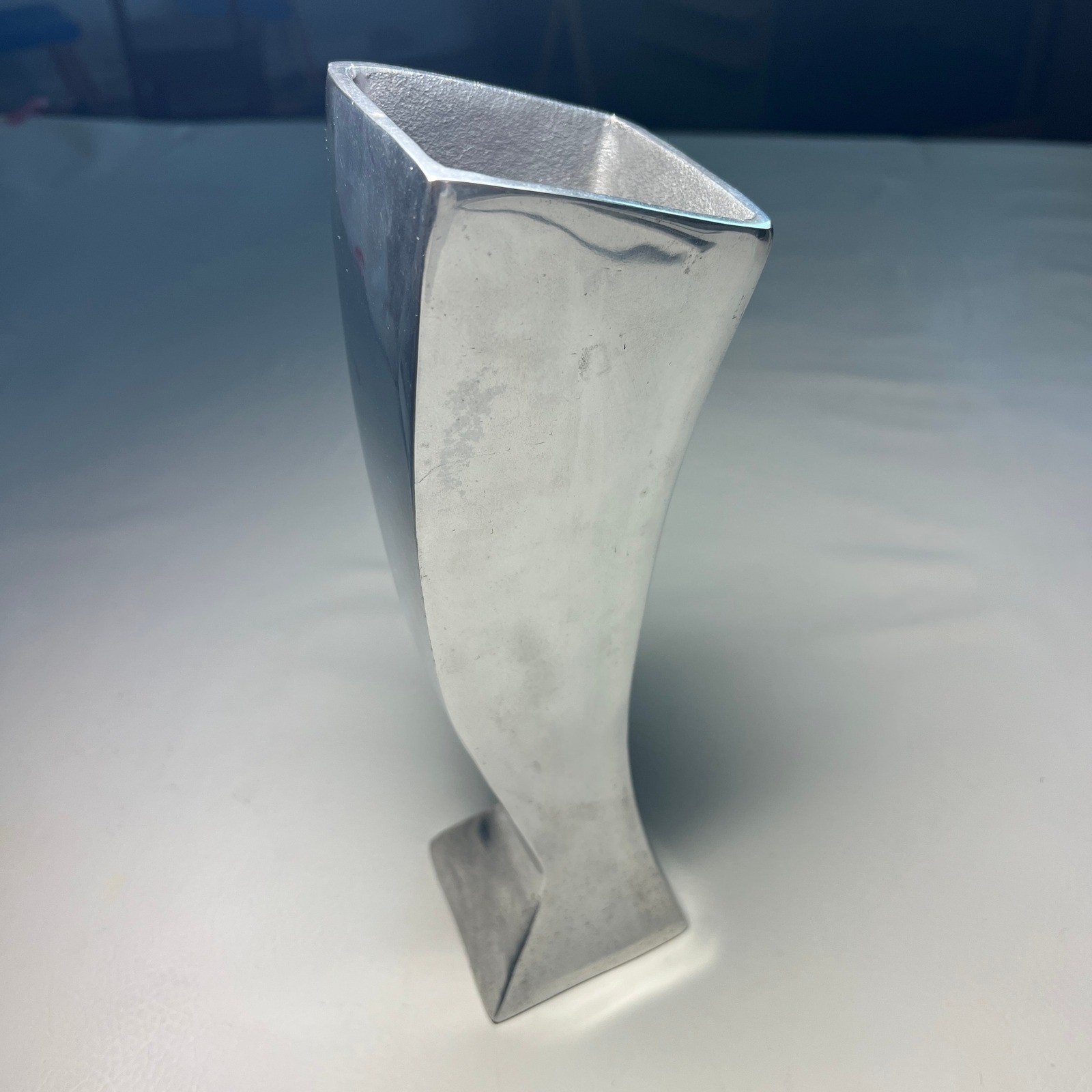 Modernist Cast Aluminum Vase Sculptural Geometric Silver Decor India Modernist