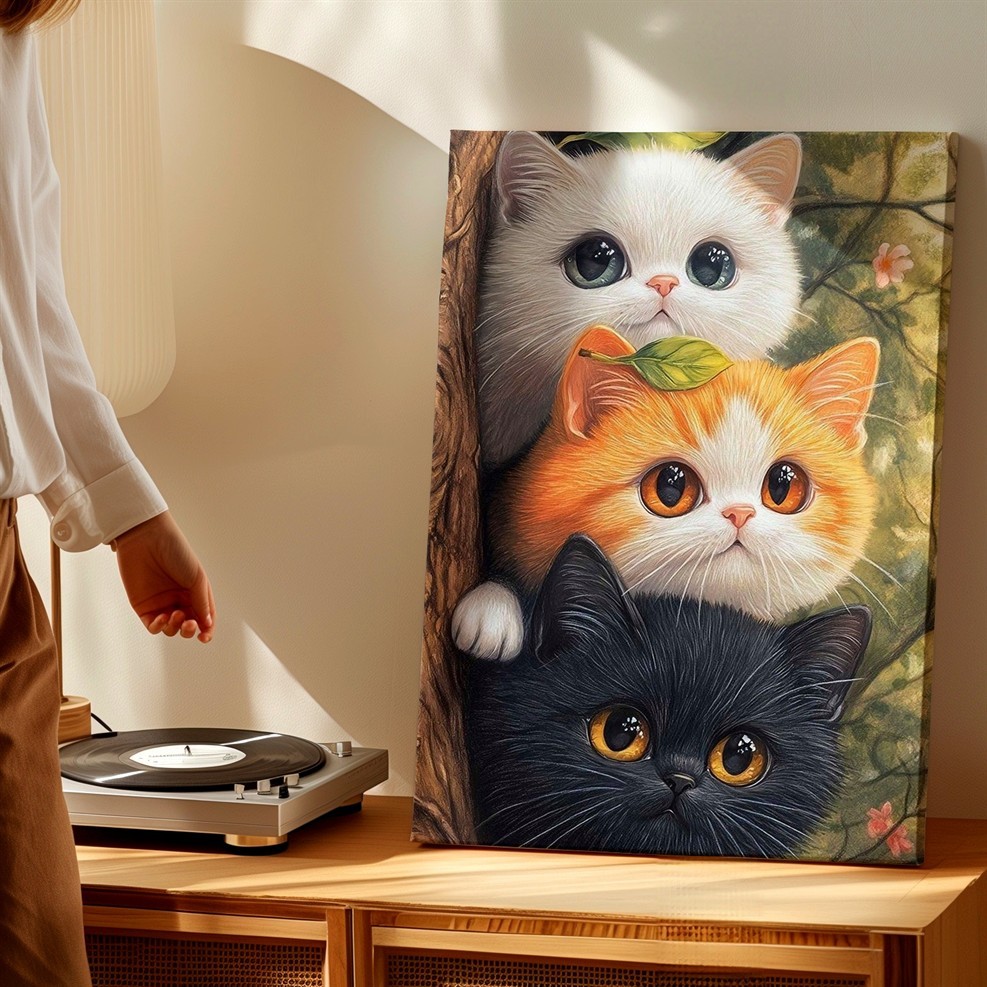 Wall Art Cute Three Cats in Tree Portrait Canvas Print Animal Nursery Decor
