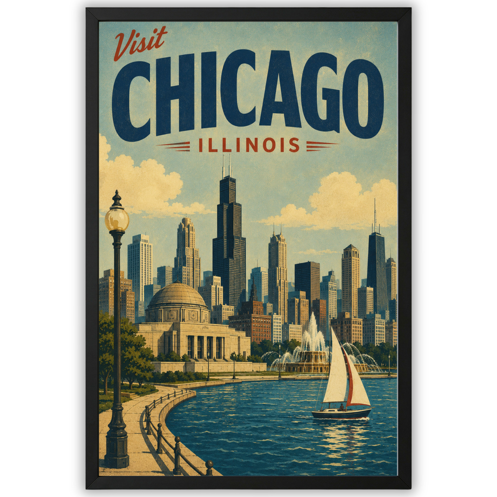 Framed 11×17 Vintage Chicago Travel Poster Illinois Skyline Wall Art Retro Style