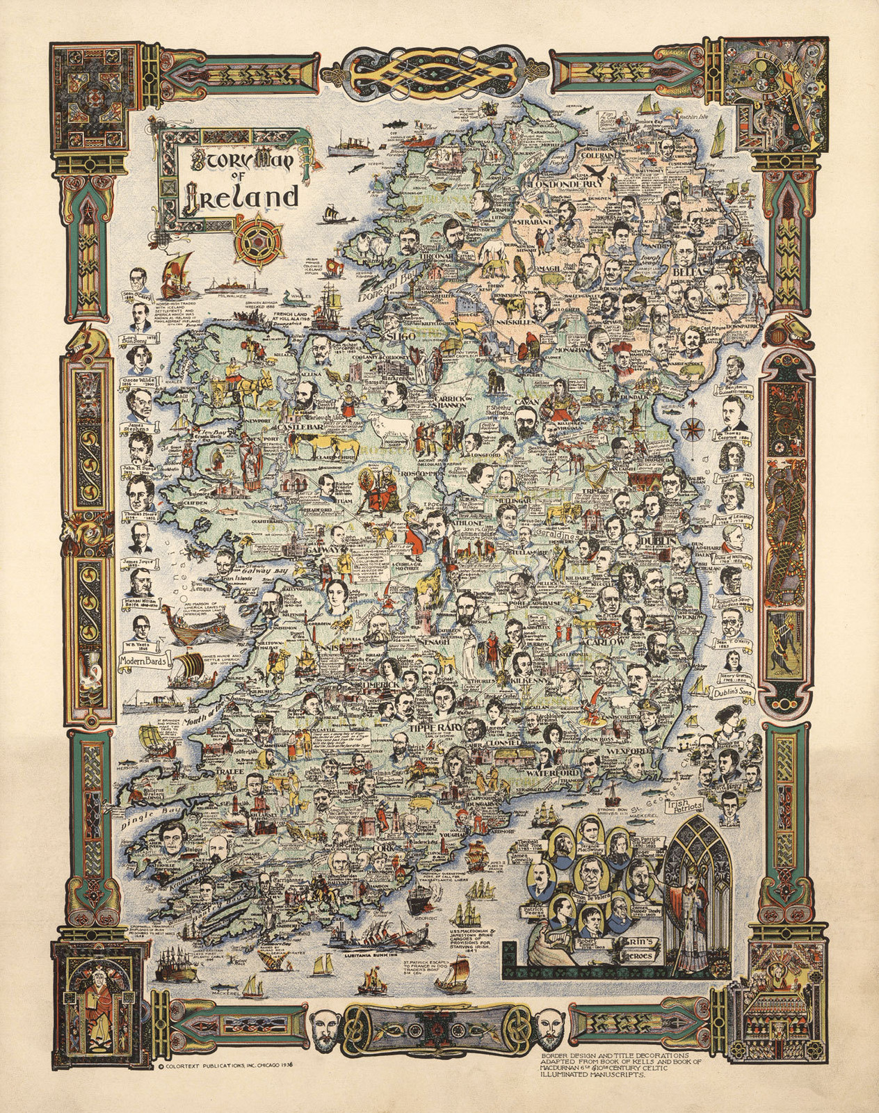 Story Map of Ireland Wall Art Print Historical Portraits Animals Poster Irish
