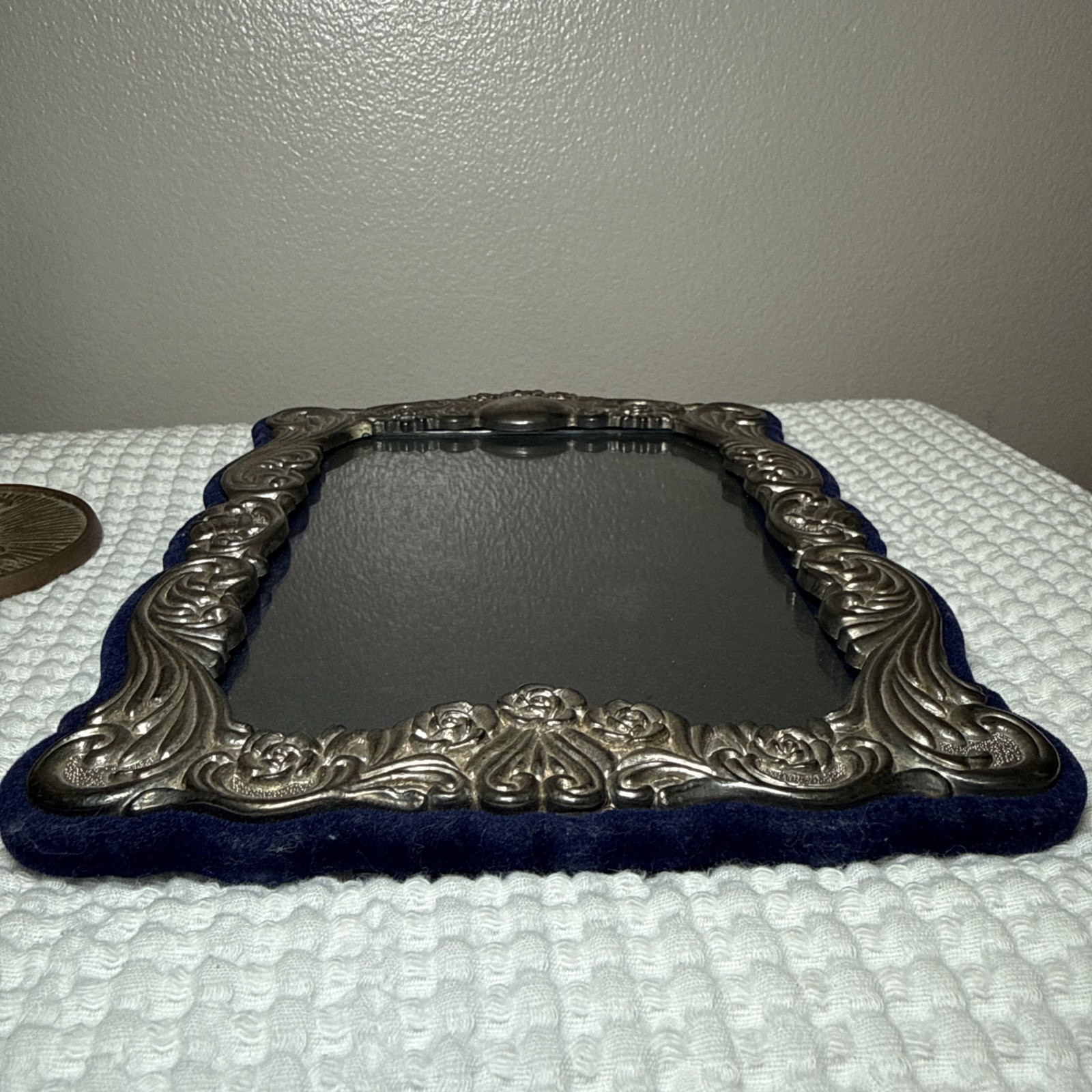 Vtg Ornate Silver Tone Picture Frame Blue Velvet Back Holds 5.5×8 Free Standing