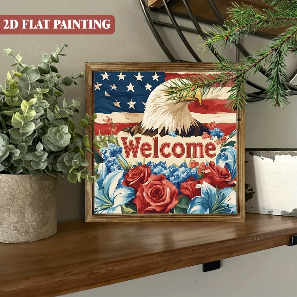 Welcome American Eagle with Flowers Wall Art, Farmhouse Patriotic Decor