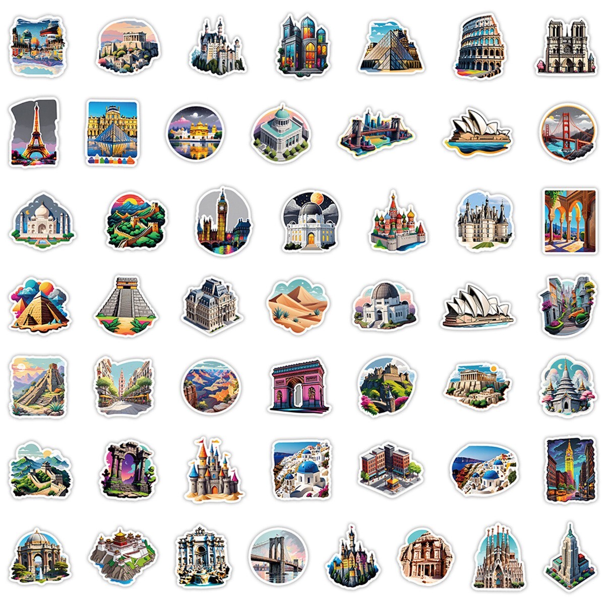 50 Pcs Stickers Iconic Landmarks Travel Trip Vacation Luggage Phone Car Fridge