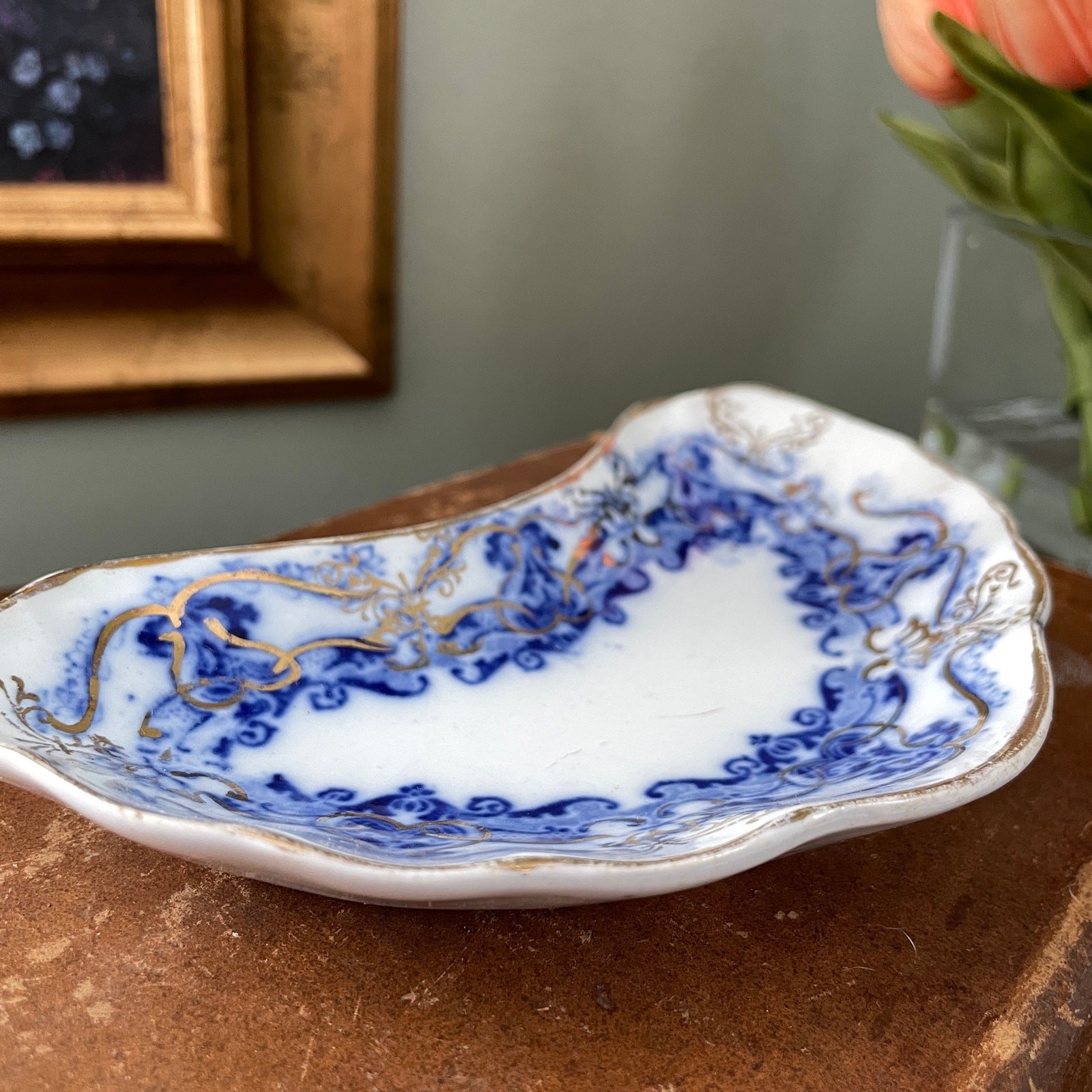 Antique Flow Blue Bone Dish with Gold Detail | Upper Hanley England Elgar
