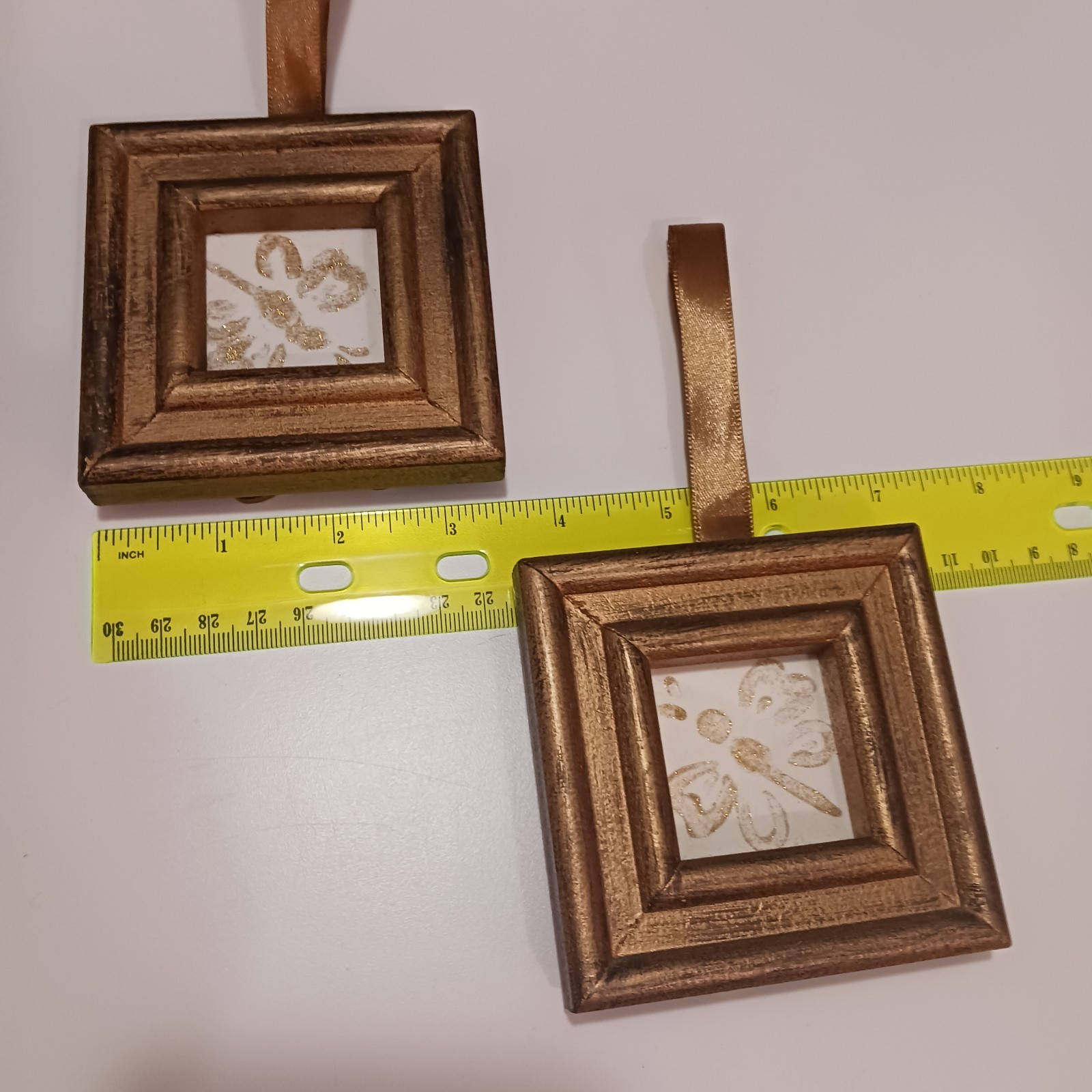 Set of 2 Distressed Gold/Brown Wood Square Photo Frames 1.5×1.5 Easel Ribbon