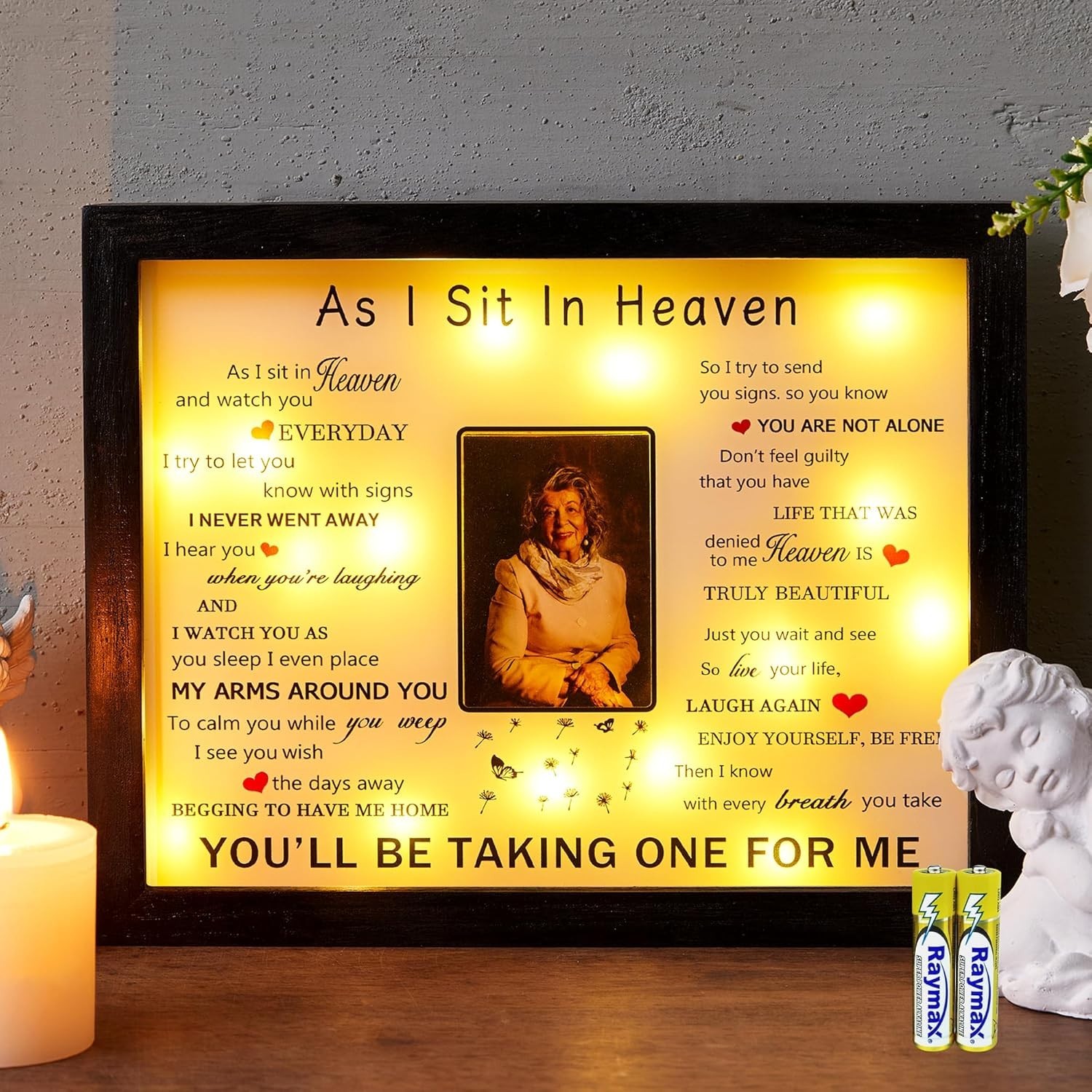 Rustic LED Memorial Picture Frame with ’As I Sit in Heaven’ Poem – 8×10 Gift