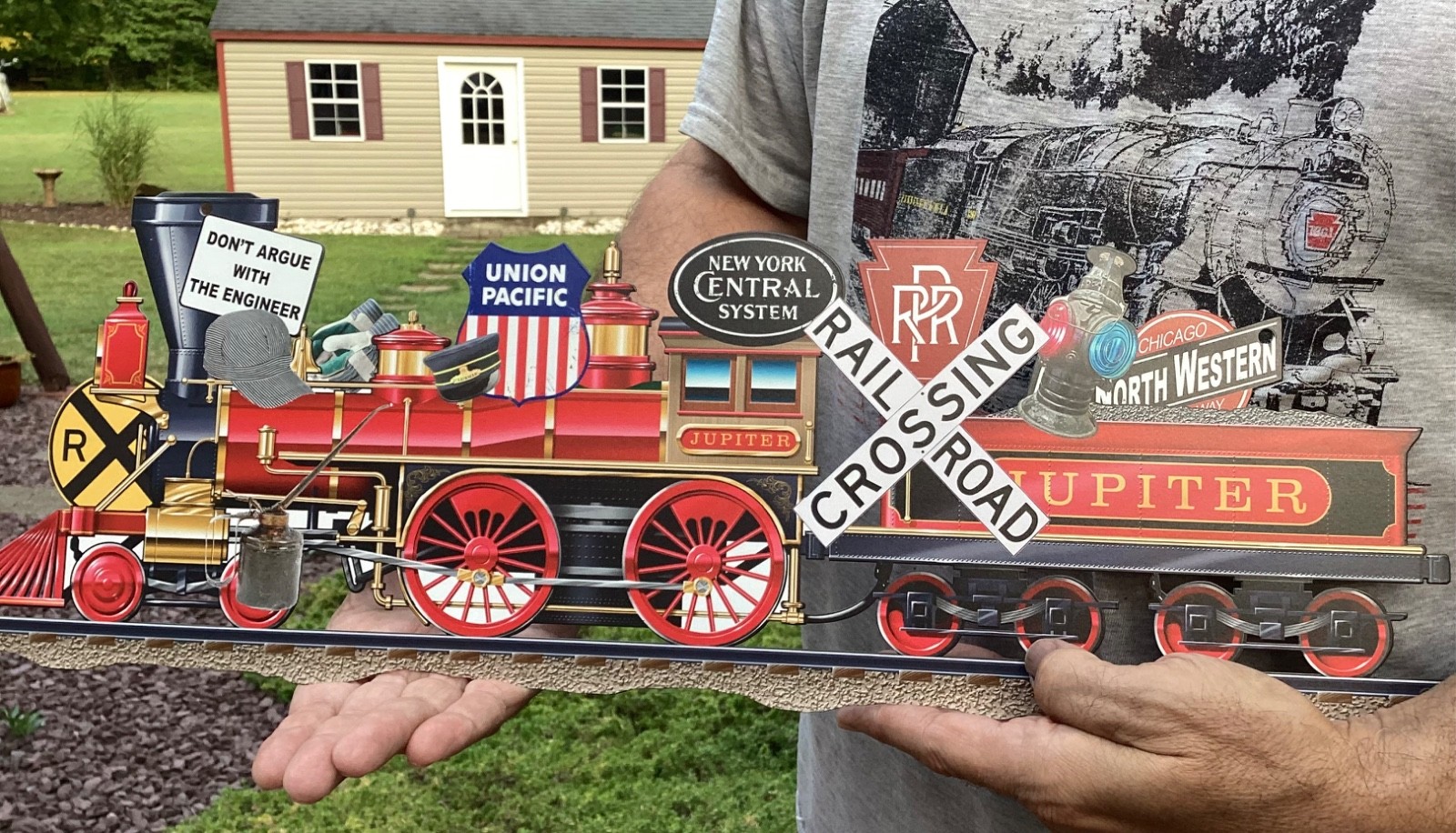 Railroad Train Sign Party Decoration – Collage Trains 24 in. by 8 in. w/ stands