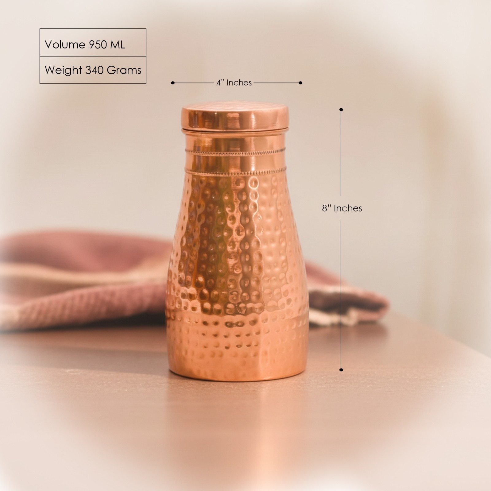 Pure Copper Water Bottle 1 Liter with Inbuilt Glass | Hammered Finish Drinkware