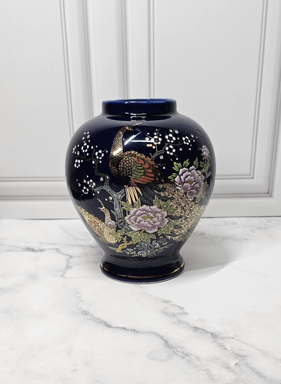 Vintage Japanese Cobalt Blue Vase With Peacock & Floral Design 6 Inches High
