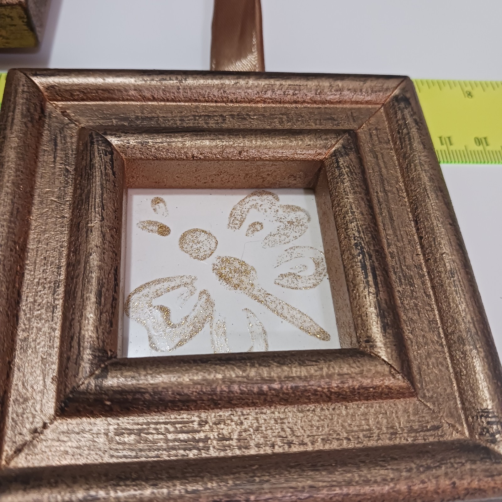 Set of 2 Distressed Gold/Brown Wood Square Photo Frames 1.5×1.5 Easel Ribbon