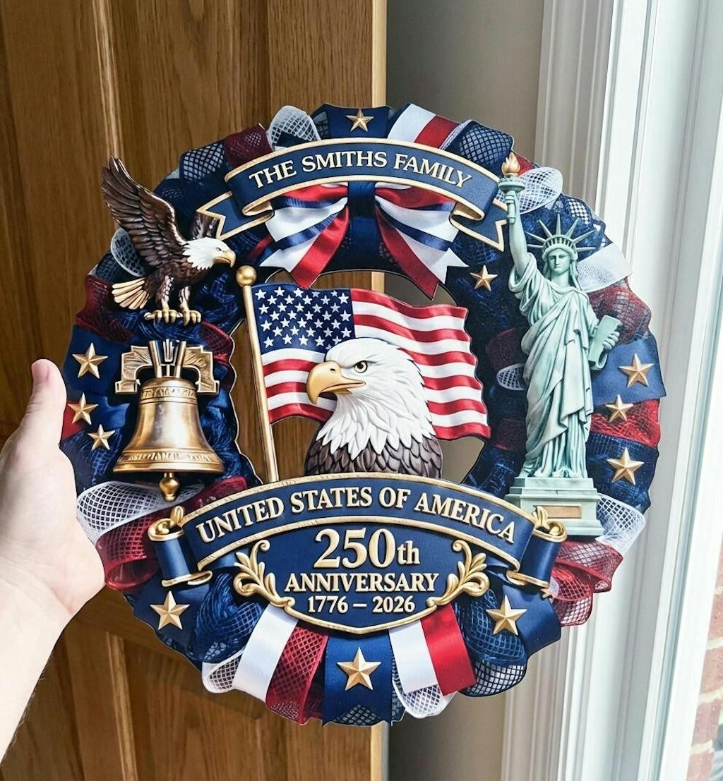 Personalized America 250th Anniversary Wood Wreath, Patriotic Door Sign,