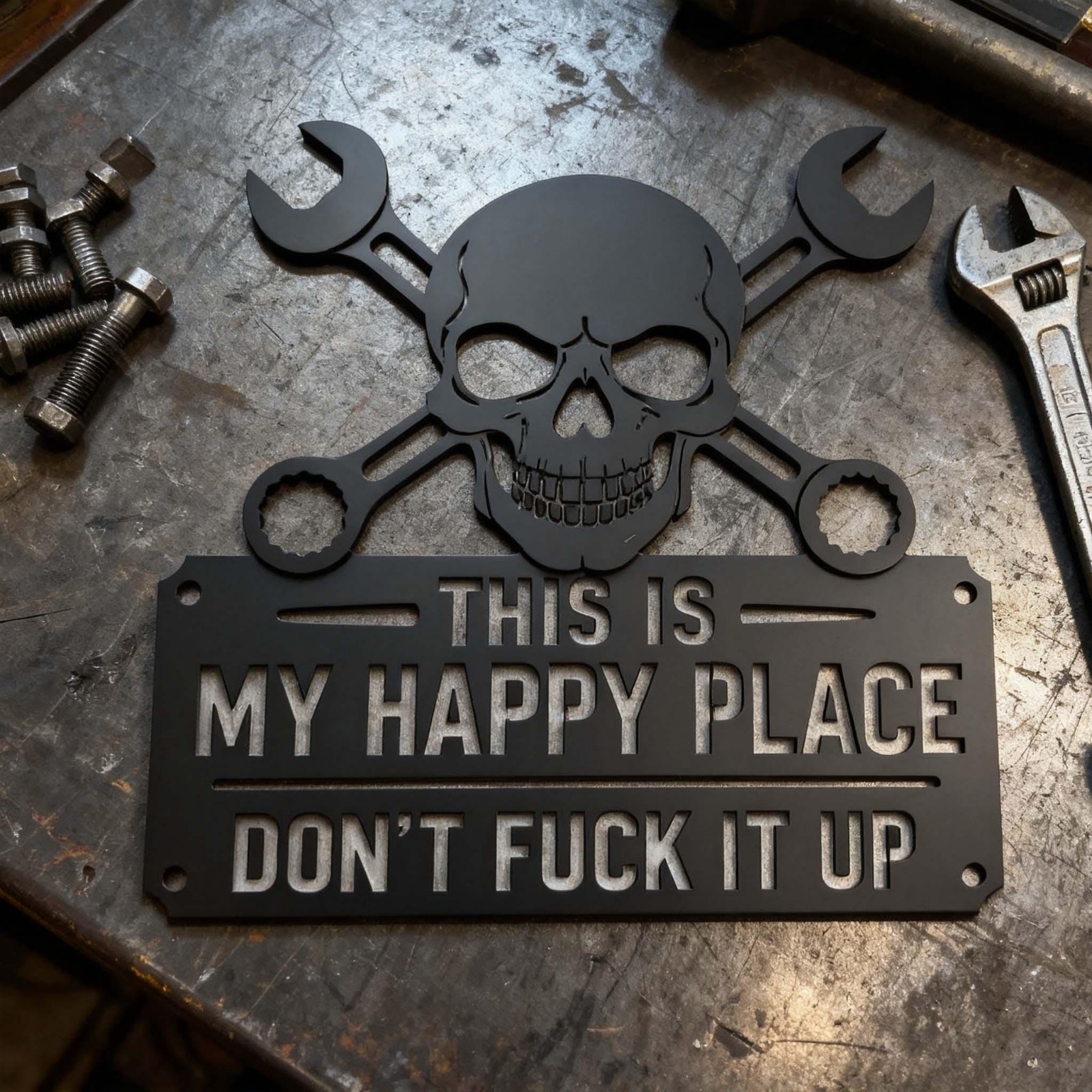 Industrial Style Metal Sign, This Is My Happy Place Skull Plaque