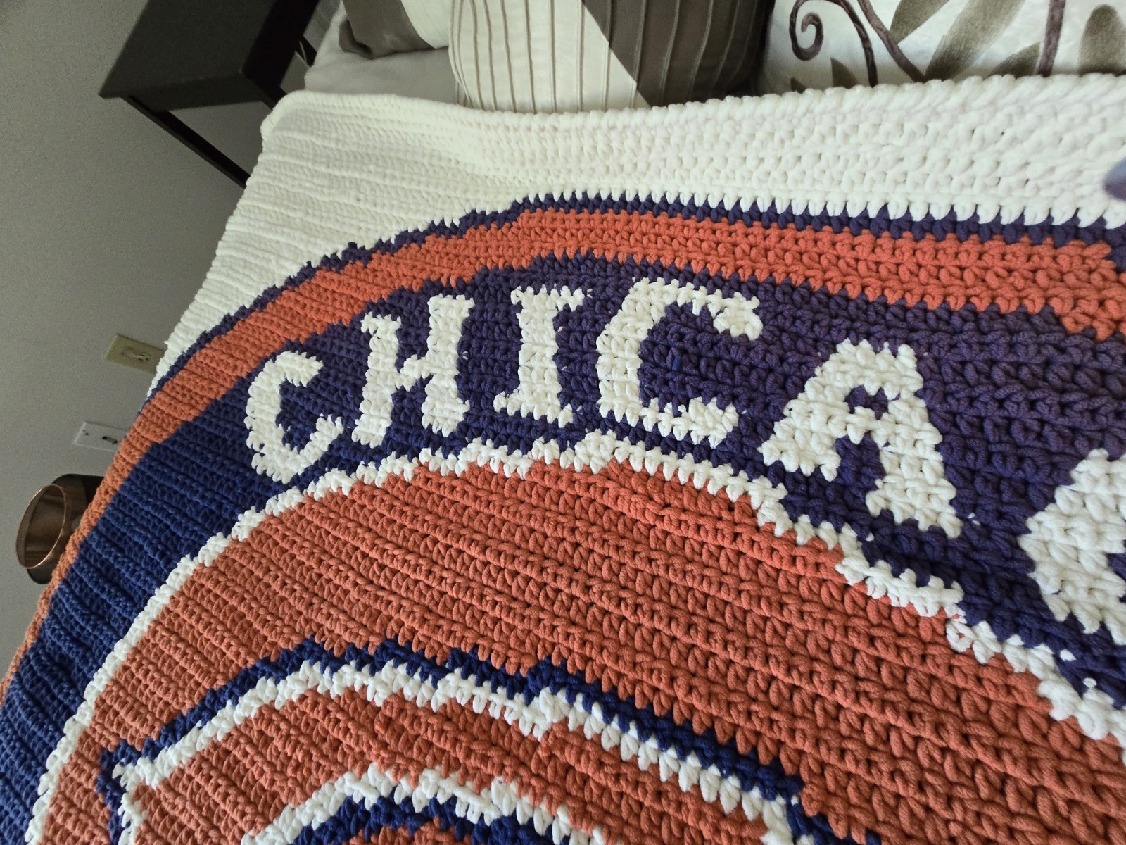 Chicago Bears Handmade Crochet Throw Blue Orange White 5′ 5″
