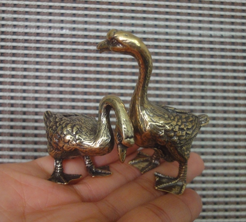 Pair of Vintage Style Solid Brass Copper Couple Gooses Animals Statues Sculpture