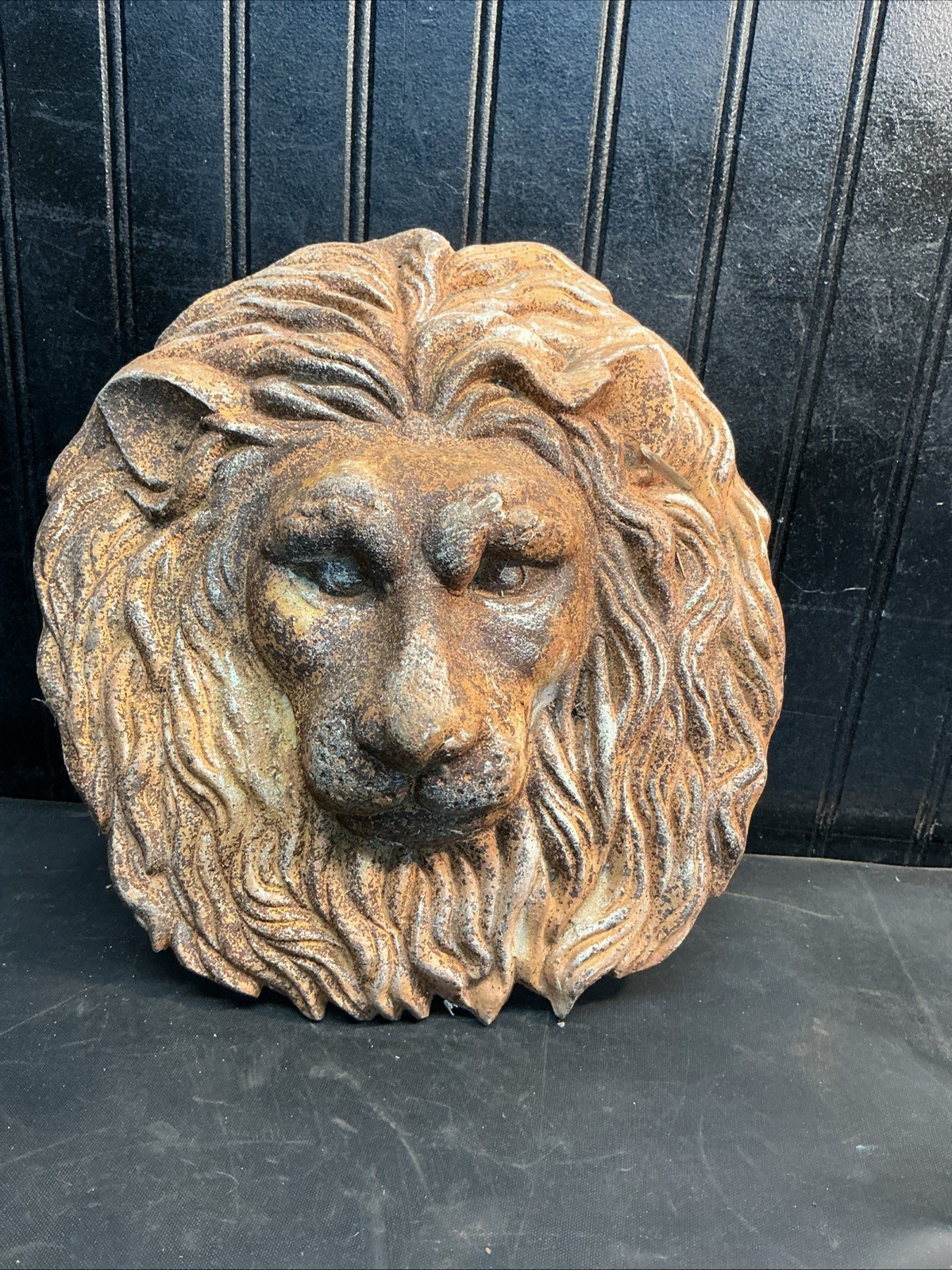 Vtg. 12in Size LION HEAD Cast Iron WALL SCULPTURE GARDEN ART Free Shipping