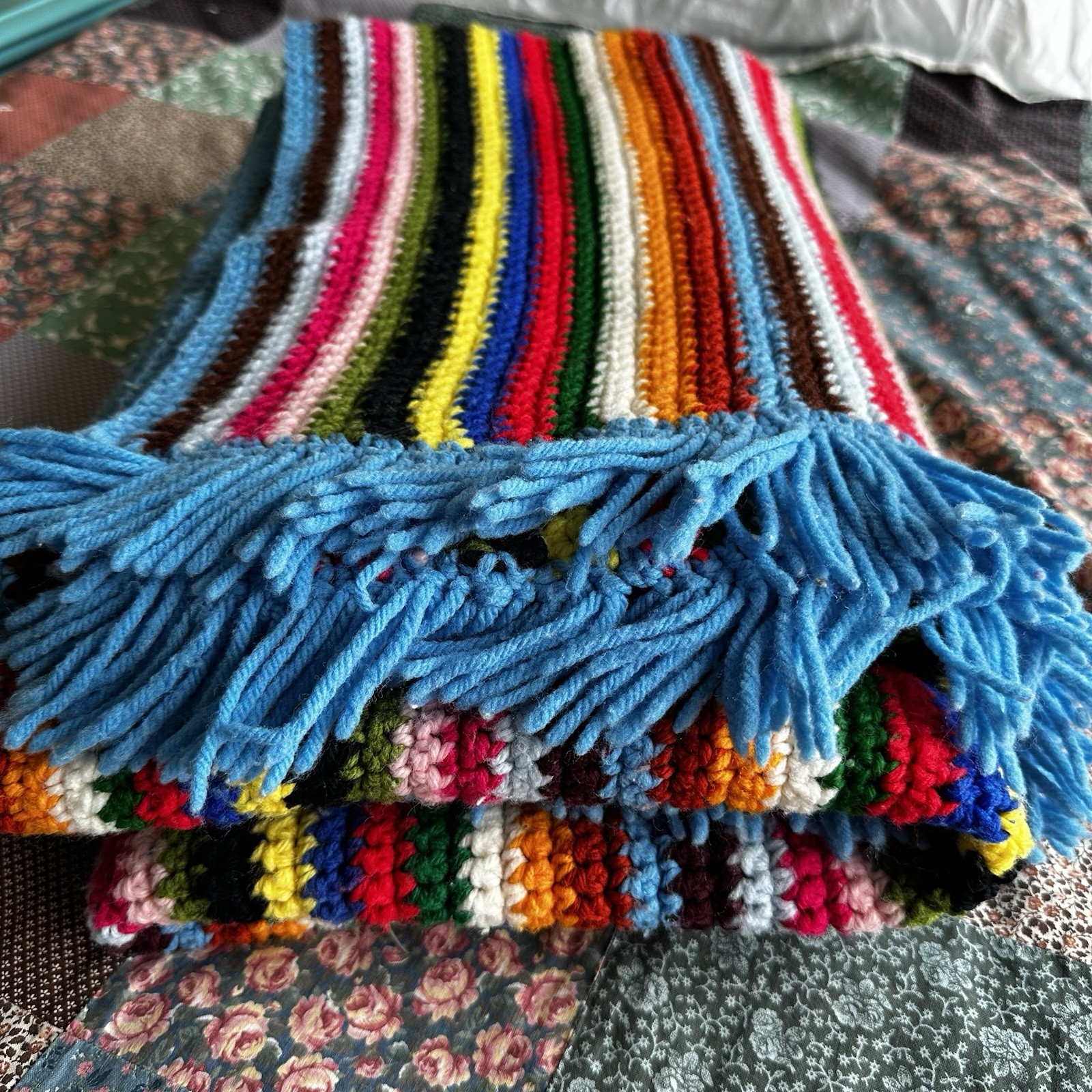 Handmade Crochet Afghan Throw Blanket Multicolor Rainbow Striped Blue Fringe
