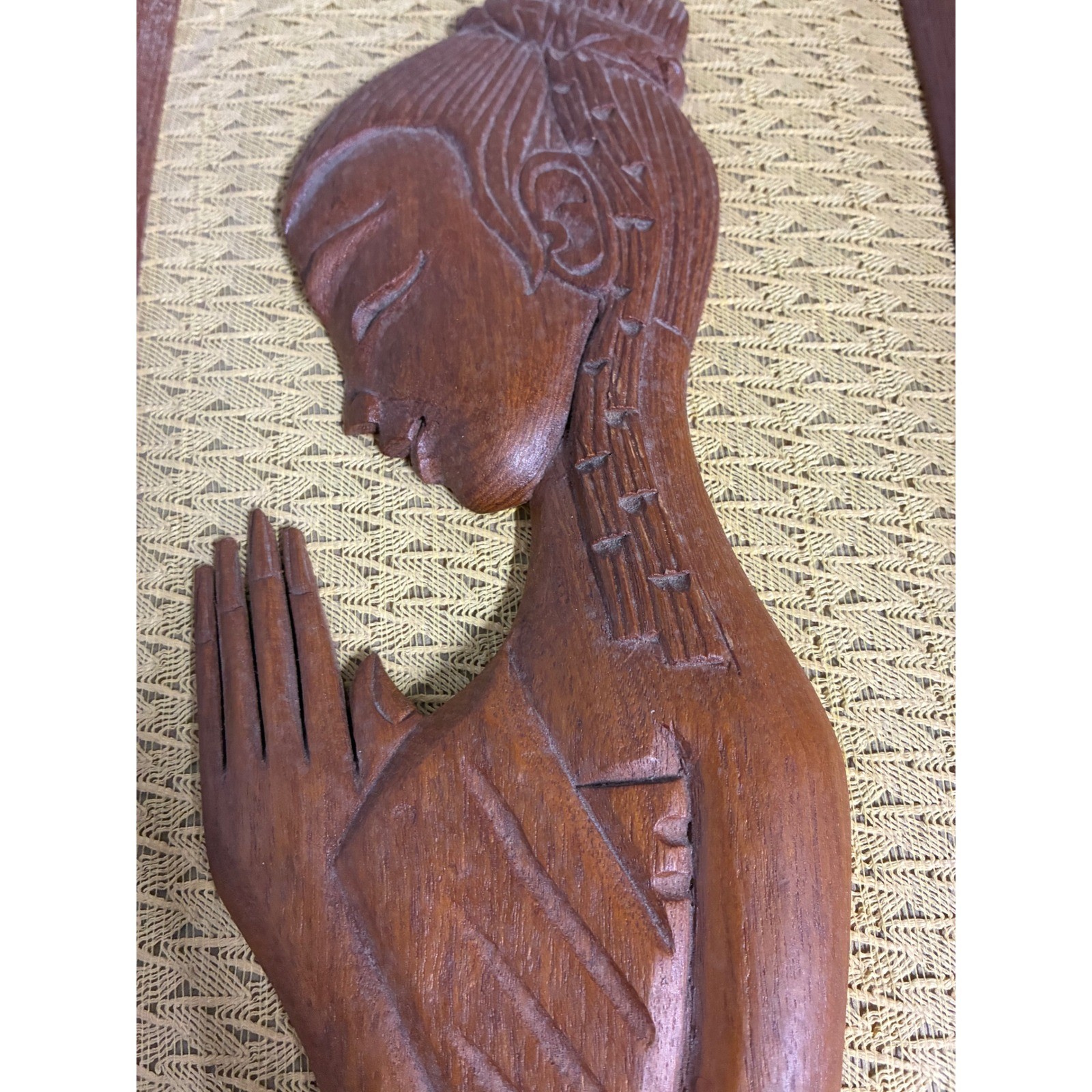 Vintage Mid Century Thai Wood Carved Wall Art Set 2 Praying Woman Mirrored