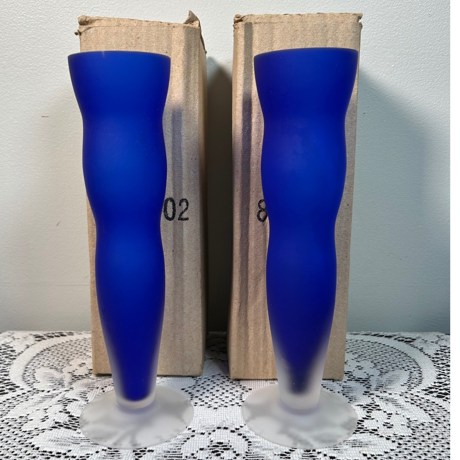 Cobalt Blue Frosted Glass Bud Vases PAIR Gorgeous Designs China Modern Decor