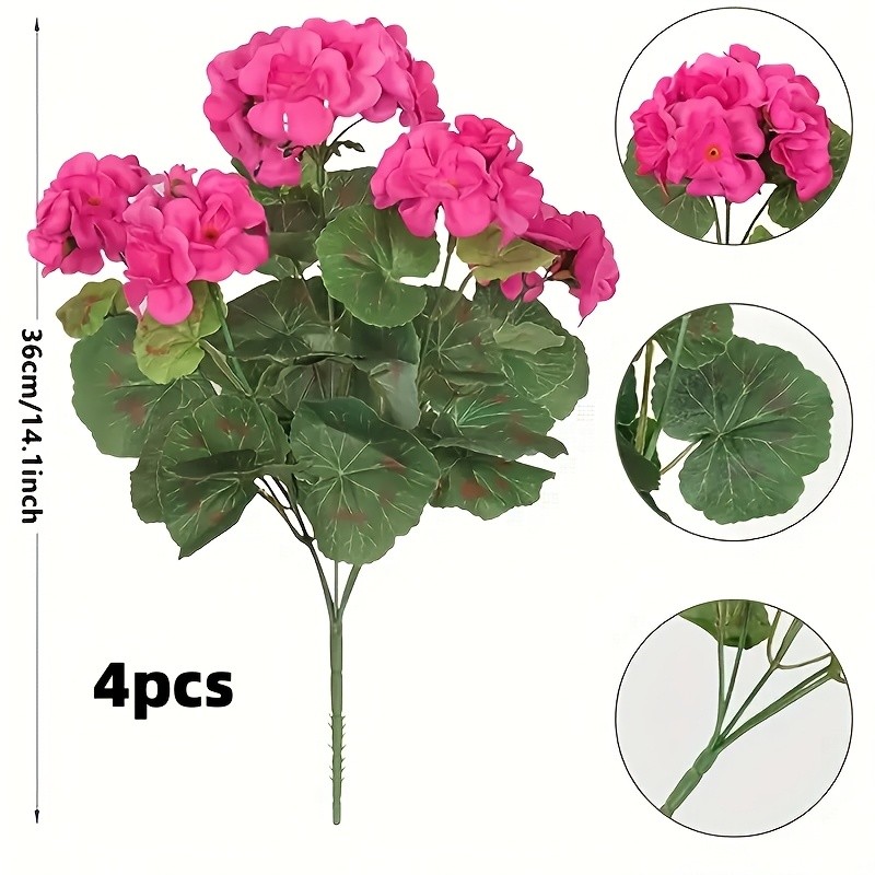 4Pcs Artificial Pink Geranium Flowers Fake Plants for Outdoor Garden Patio Decor