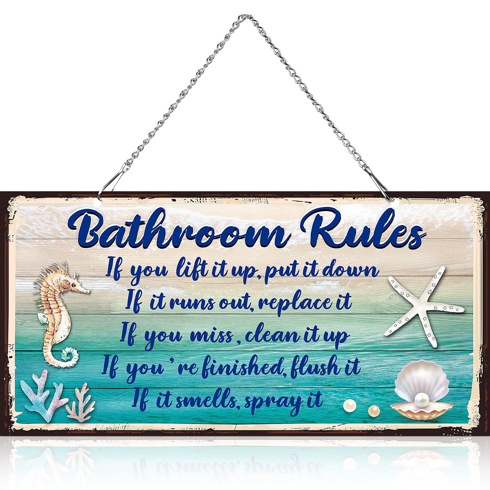 Seashell Bathroom Rules Decor Signs Wall Ocean 12 x 6 Inches, Blue and White