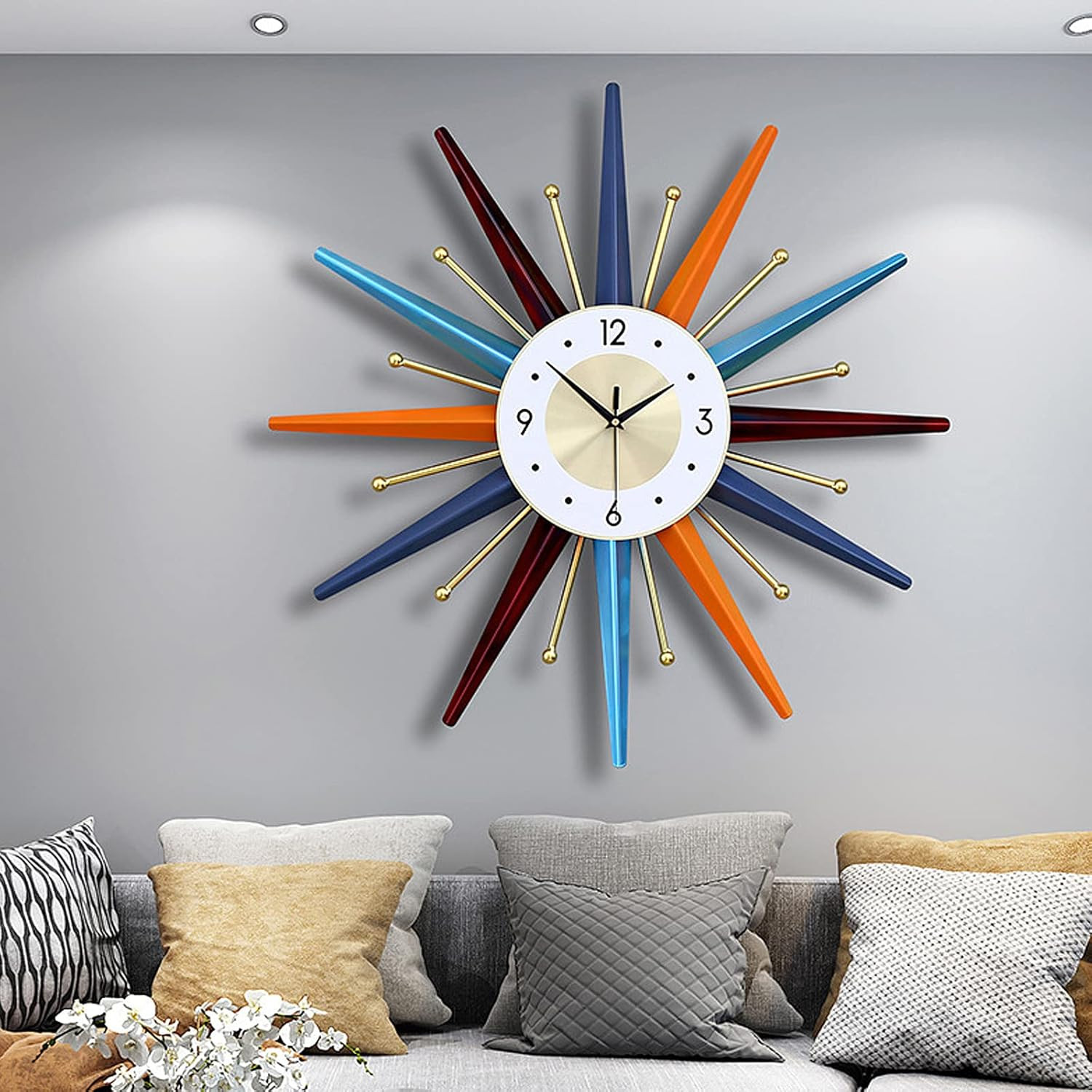 22″ Mid Century Modern Silent Wall Clock – Colorful Starburst Design Decor