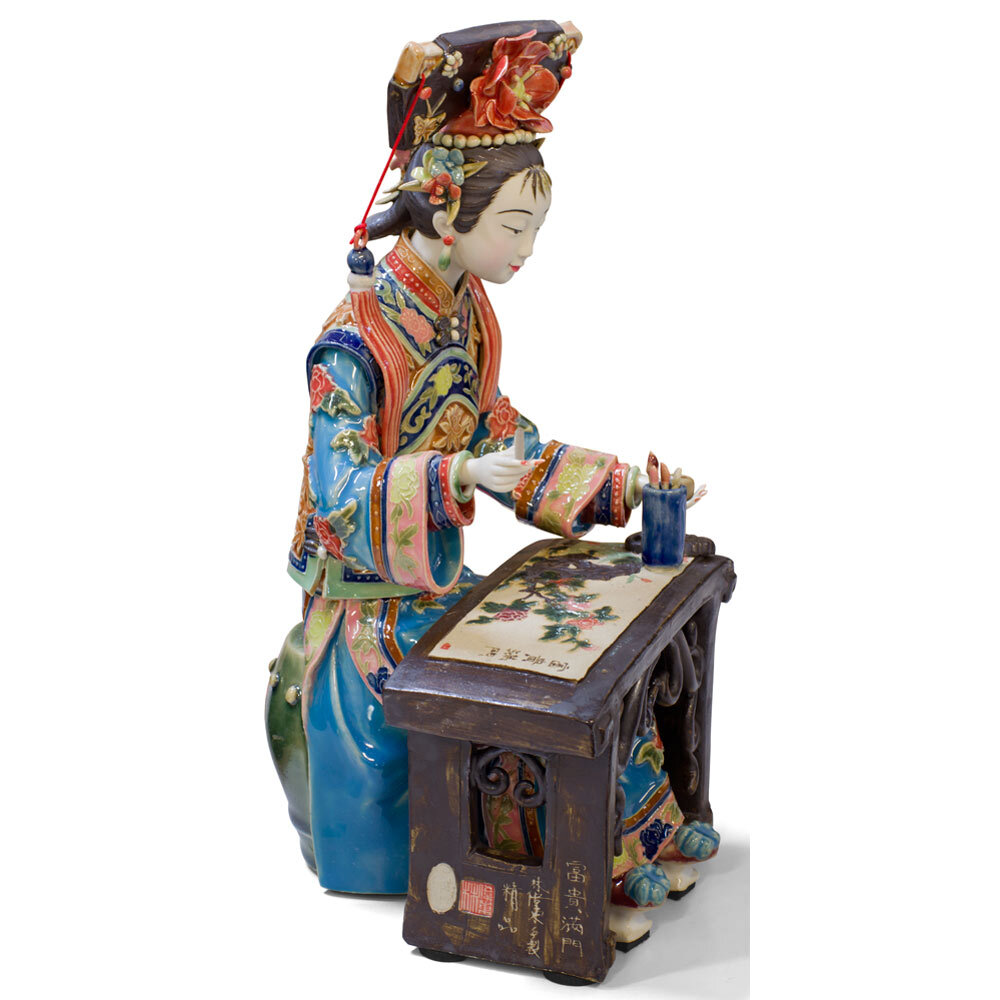 US Seller – Chinese Porcelain Figurine, Lady Painting Calligraphy