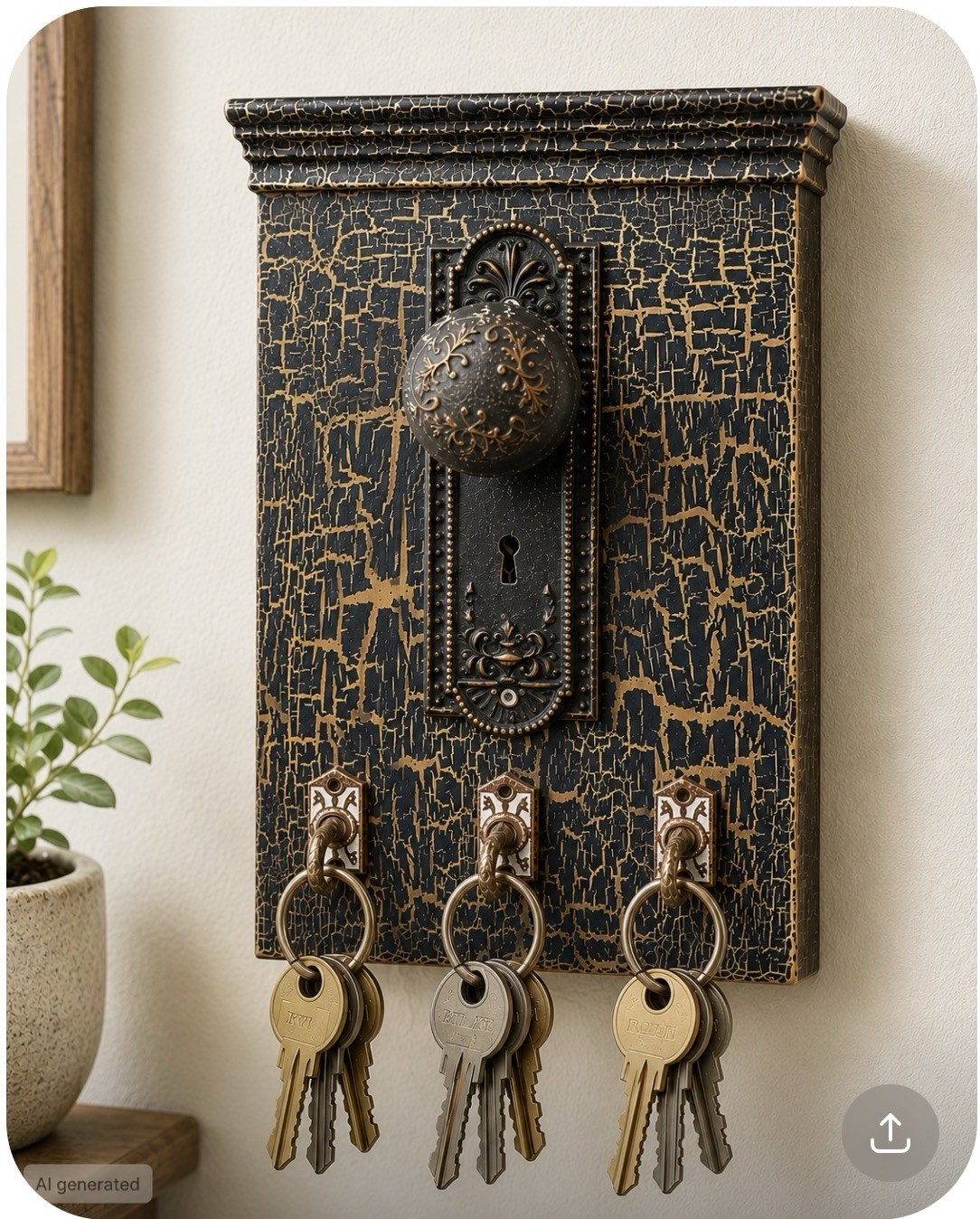 Vintage Style Antique Door Knob & Key Mounted Wooden Key Holder Holds Your Keys