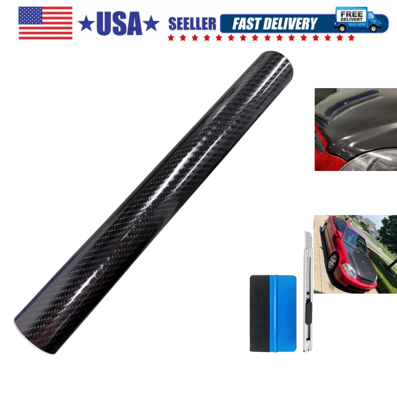 6D High Gloss Black Carbon Fiber Vinyl Wrap Roll with Air Release – Outdoor R…