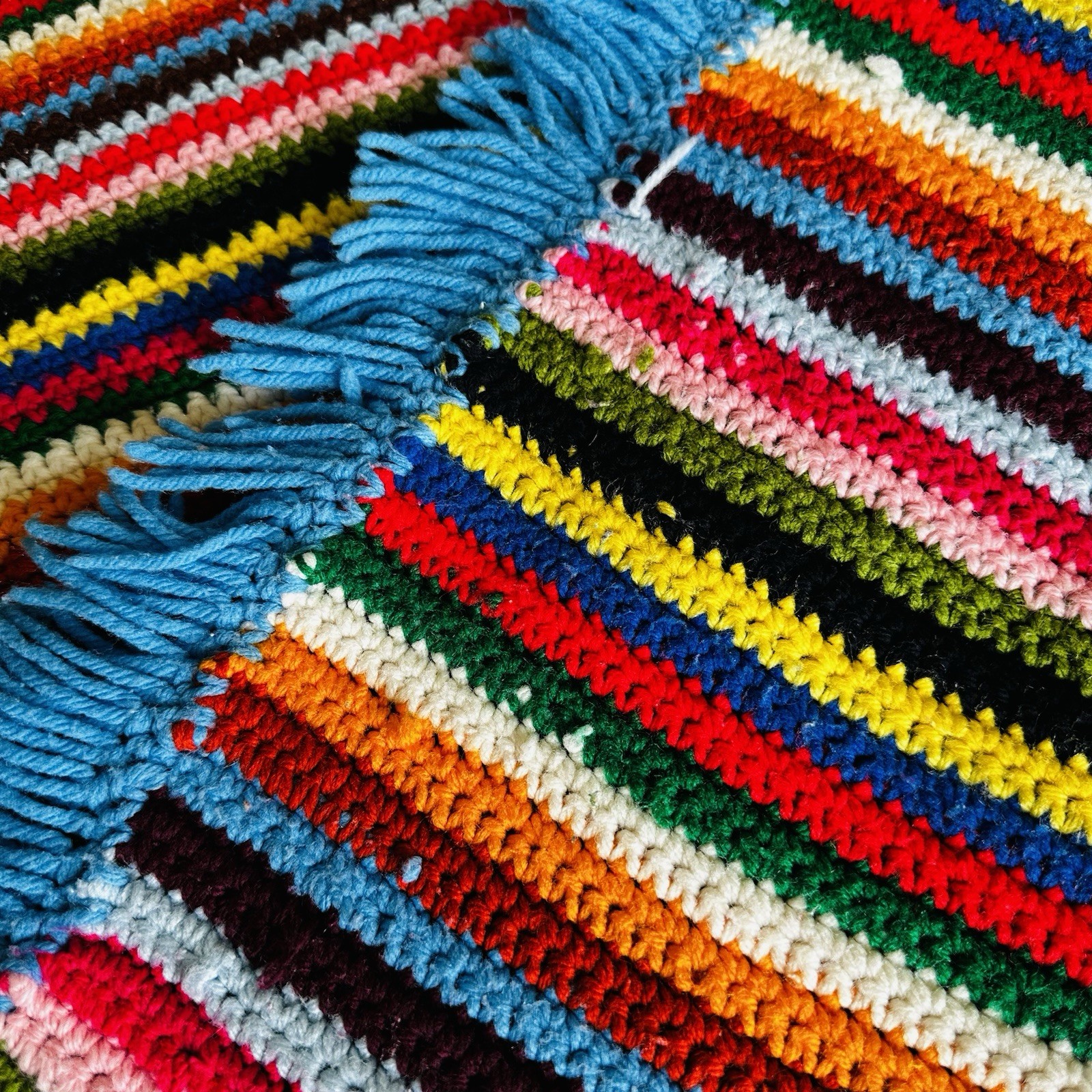 Handmade Crochet Afghan Throw Blanket Multicolor Rainbow Striped Blue Fringe