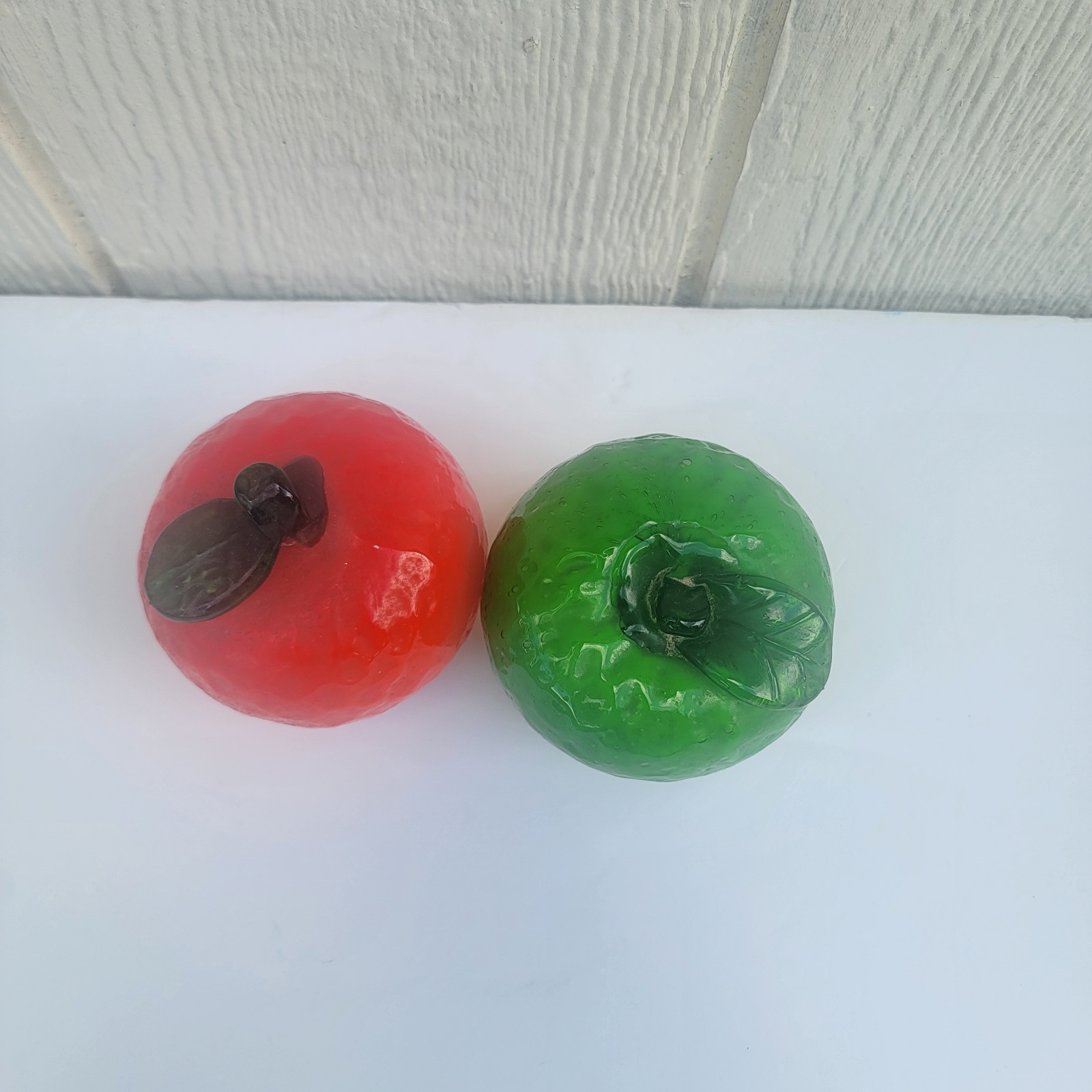 Set Of 2 Vintage Blown Art Glass Fruit Large Art Glass Green Apple And Orange