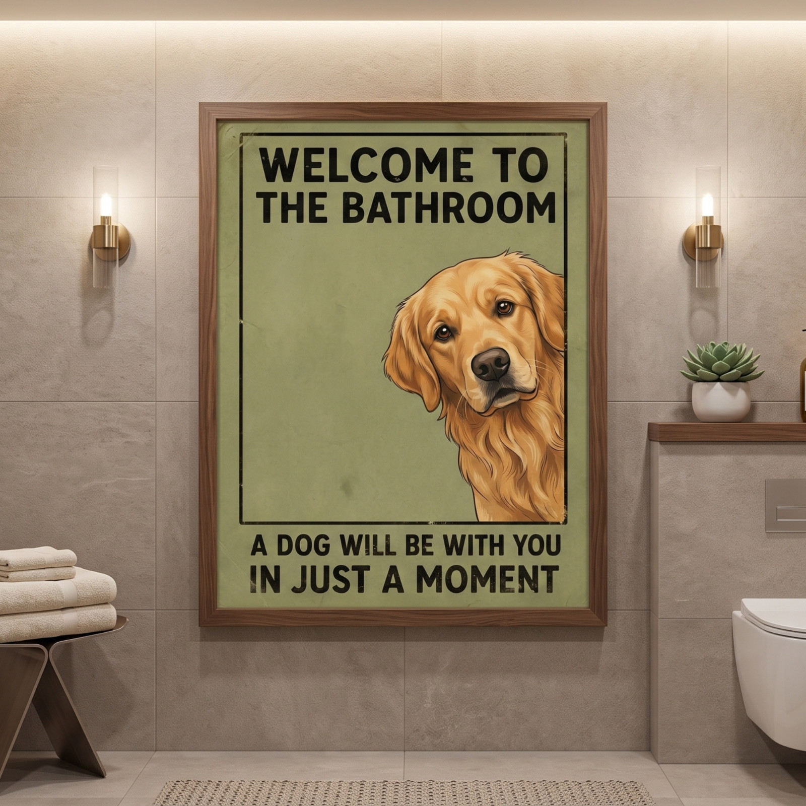 Funny Golden Retriever Bathroom Poster Cute Dog Wall Art Welcome Bathroom Sign