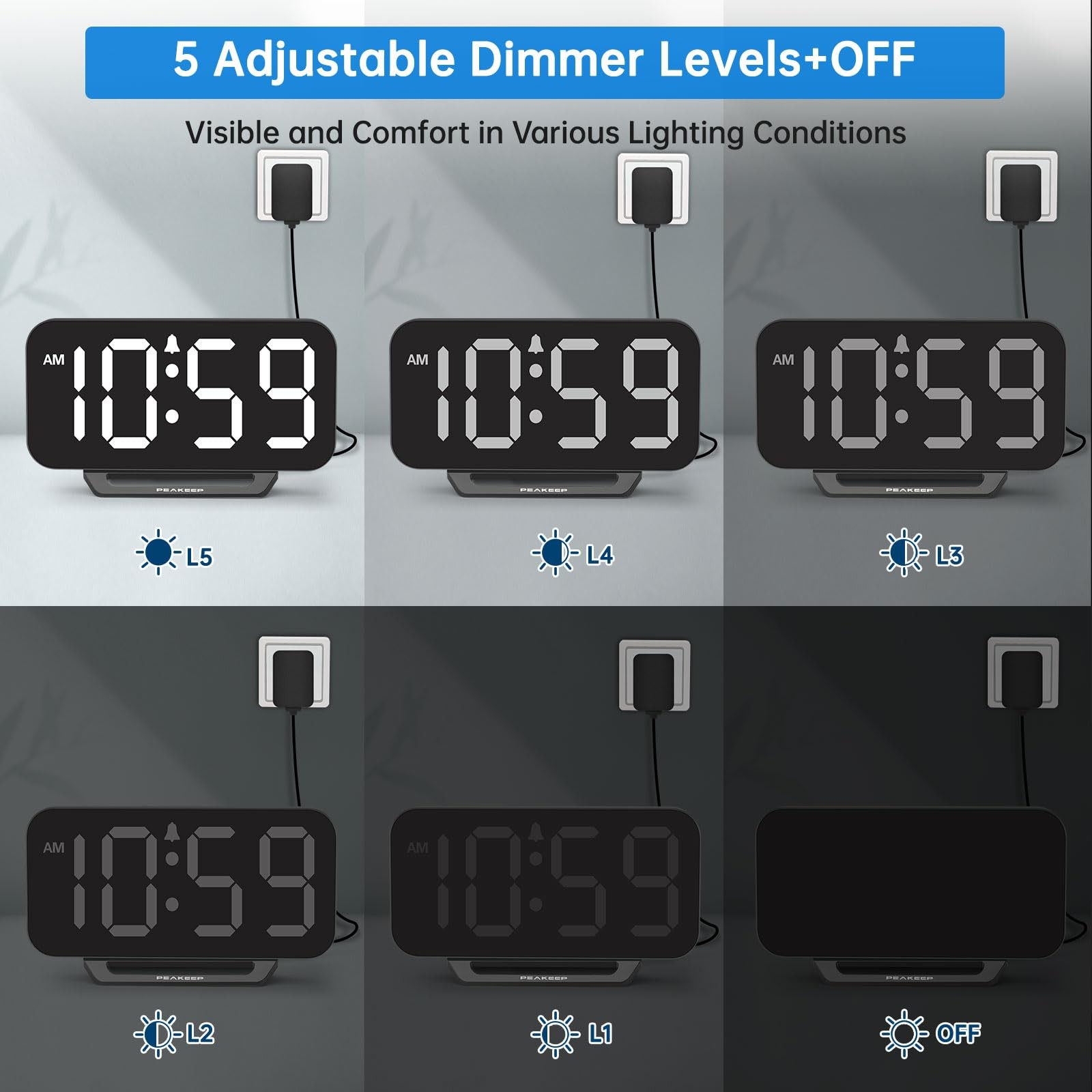 Small Digital Alarm Clock Loud Heavy Sleepers Dimmable Plug In Large Numbers